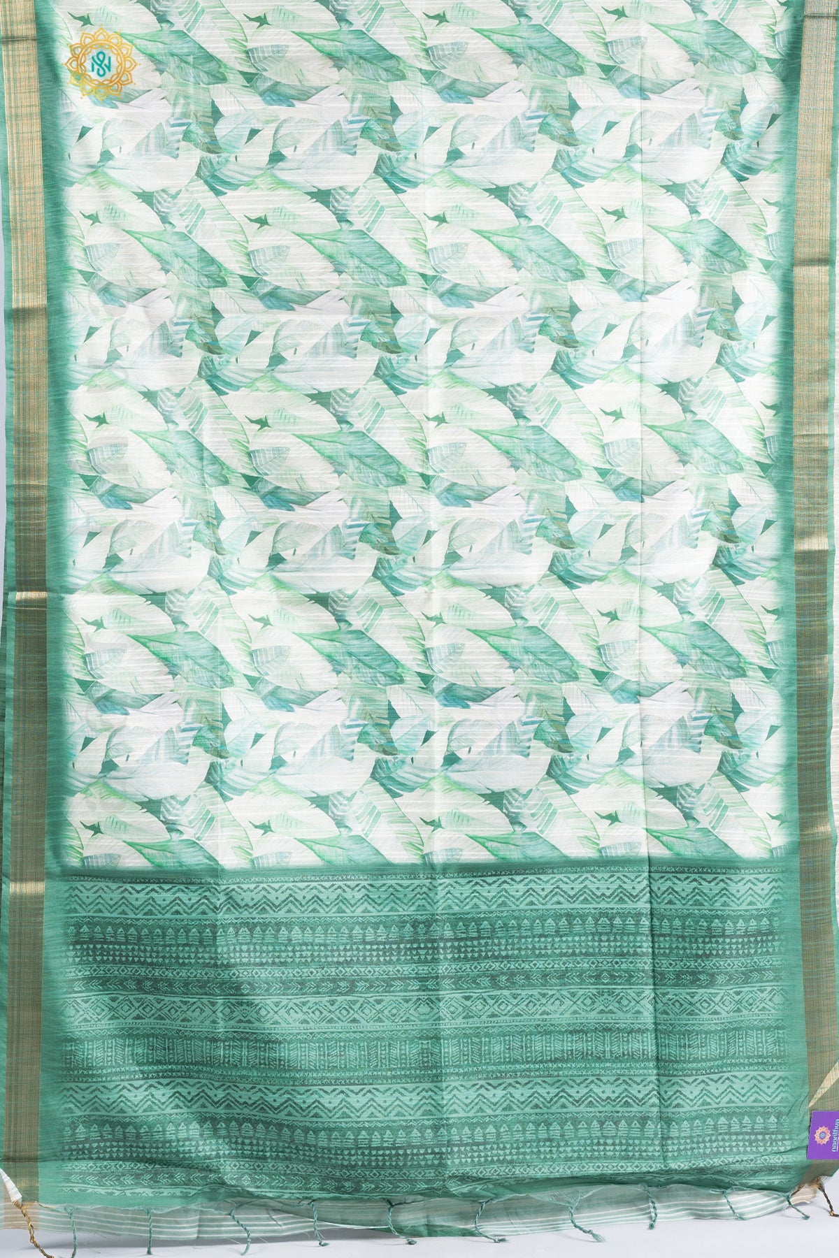 OFF WHITE WITH GREEN - KOTHA LINEN WITH DIGITAL PRINTS ON THE BODY & TISSUE BORDER