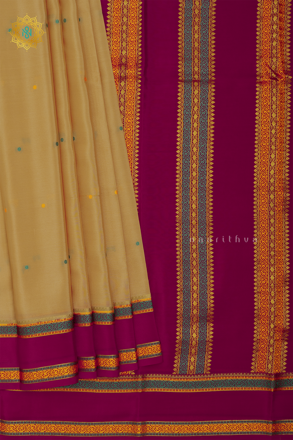 BEIGE WITH PINK - PURE MYSORE CREPE SILK