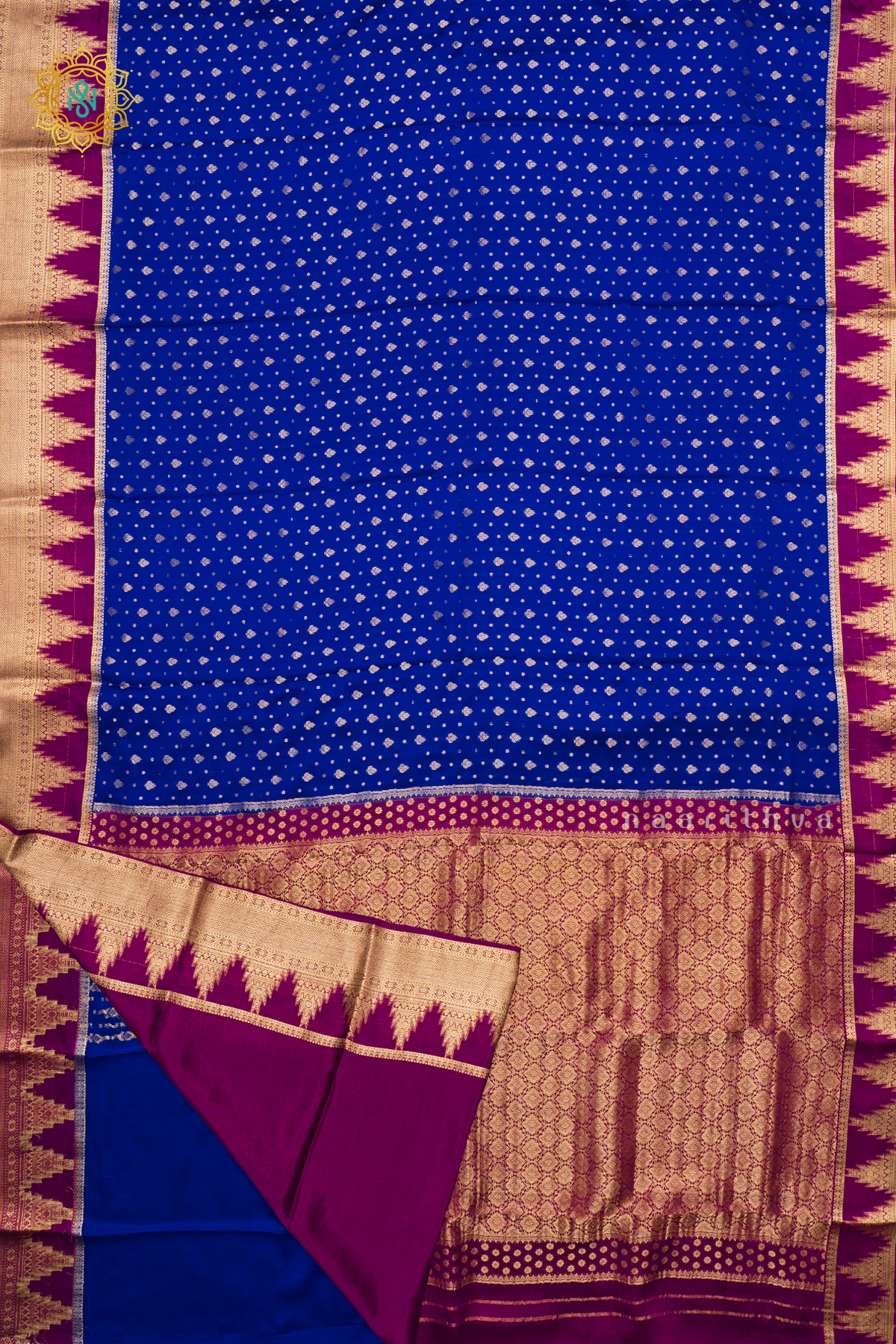 ROYAL BLUE WITH MAGENTA - PURE MYSORE CREPE SILK
