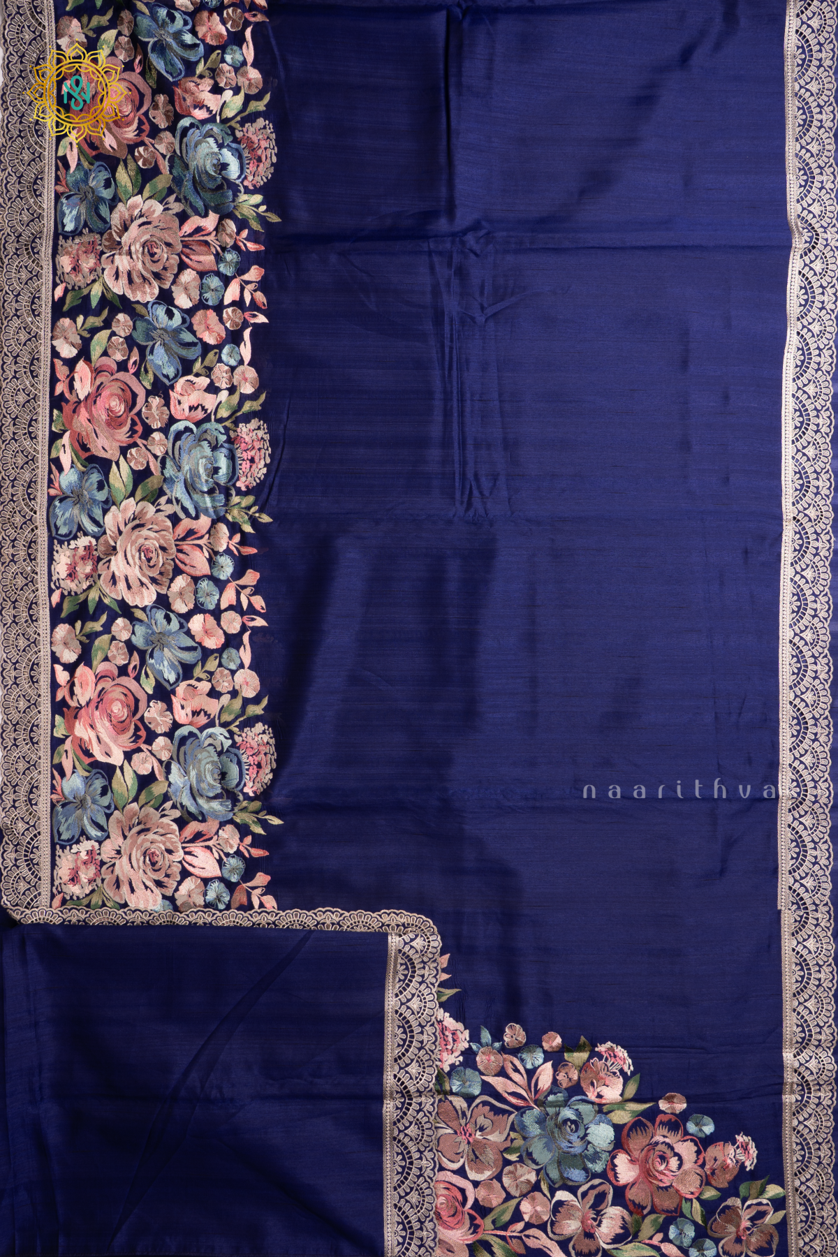 Blue Semi Tussar Silk Saree With Embroidery Border & Pallu