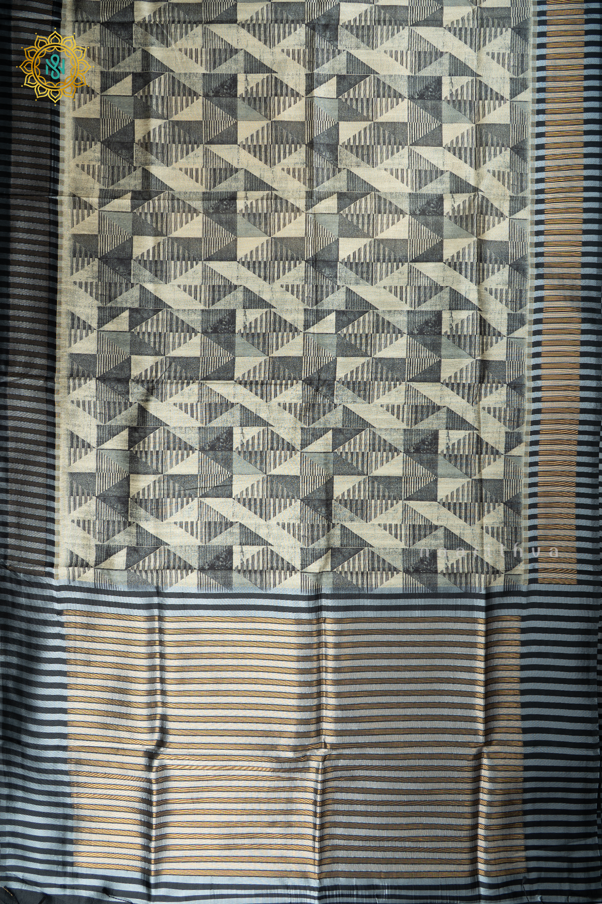 Black Semi Tussar Silk With Printed Body With Zari Border & Pallu