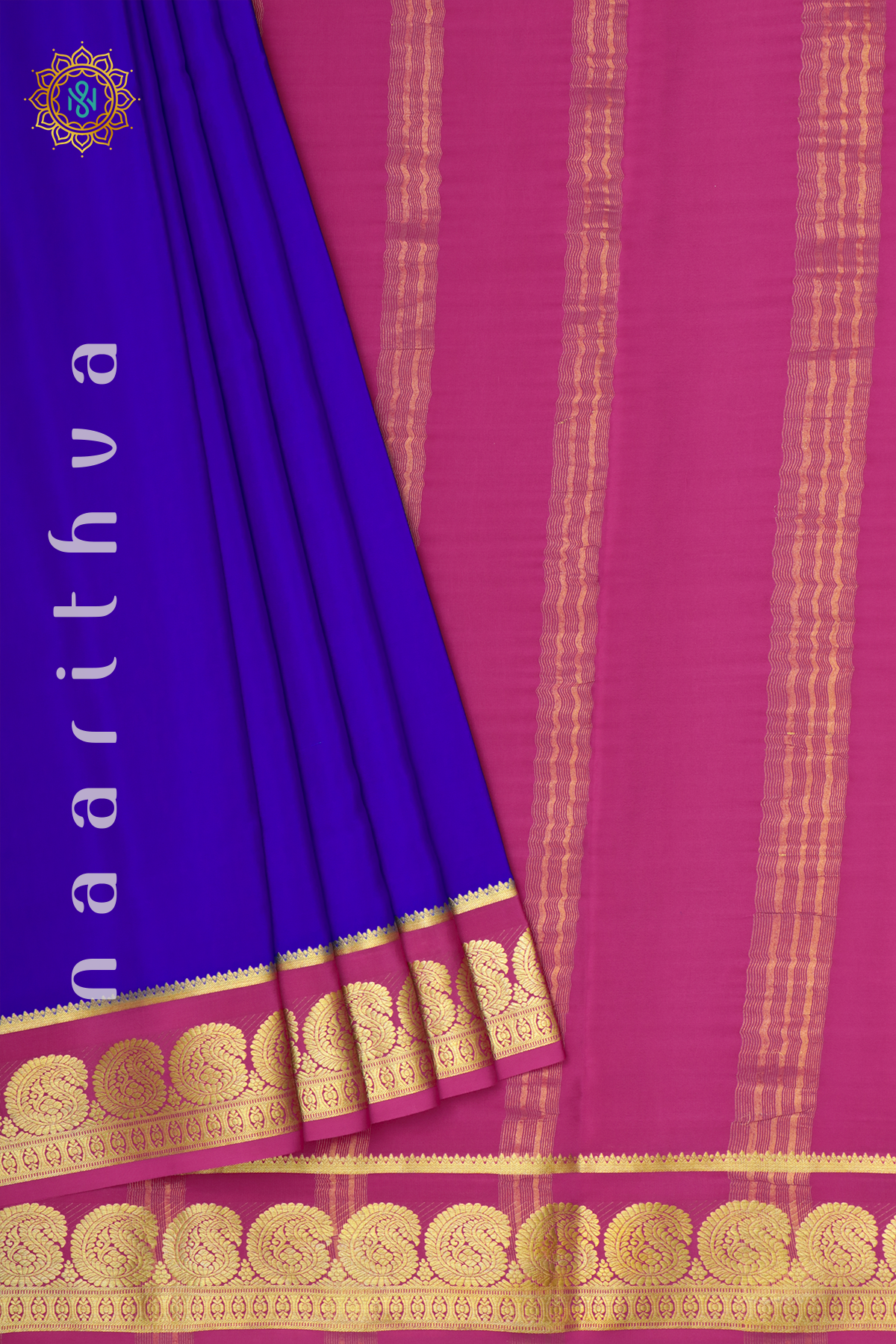 ROYAL BLUE WITH PINK - PURE MYSORE CREPE SILK