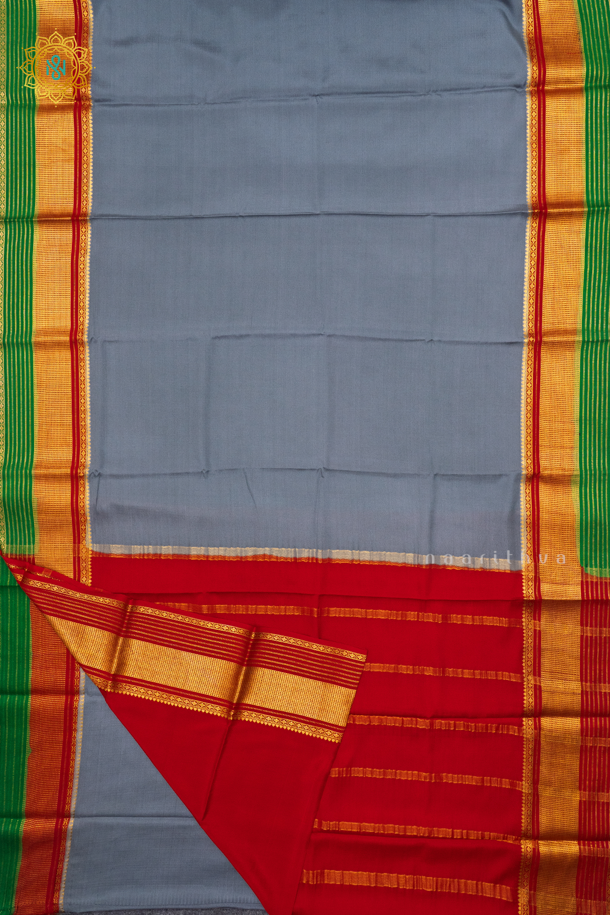 GREY WITH RED & GREEN - PURE MYSORE CREPE SILK