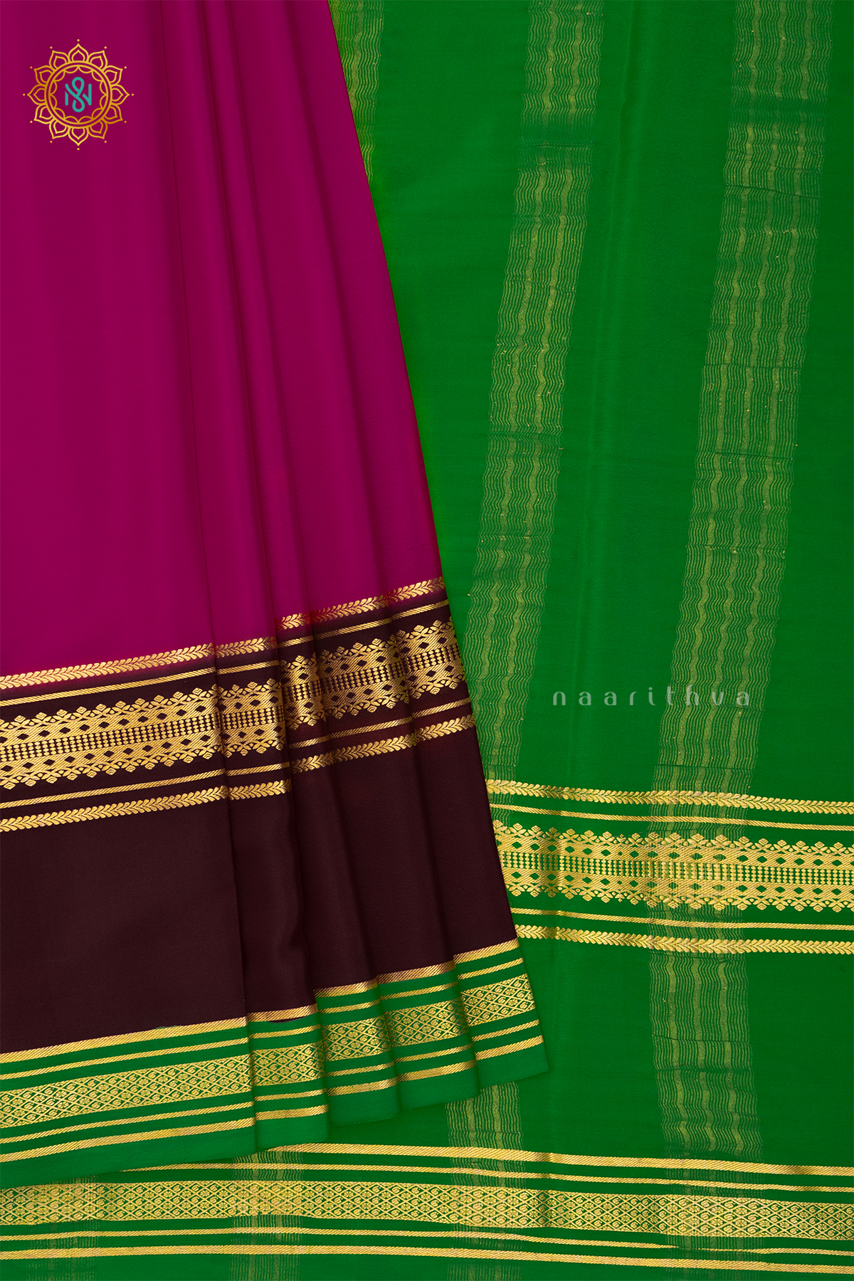 PINK WITH BROWN & GREEN - PURE MYSORE CREPE SILK