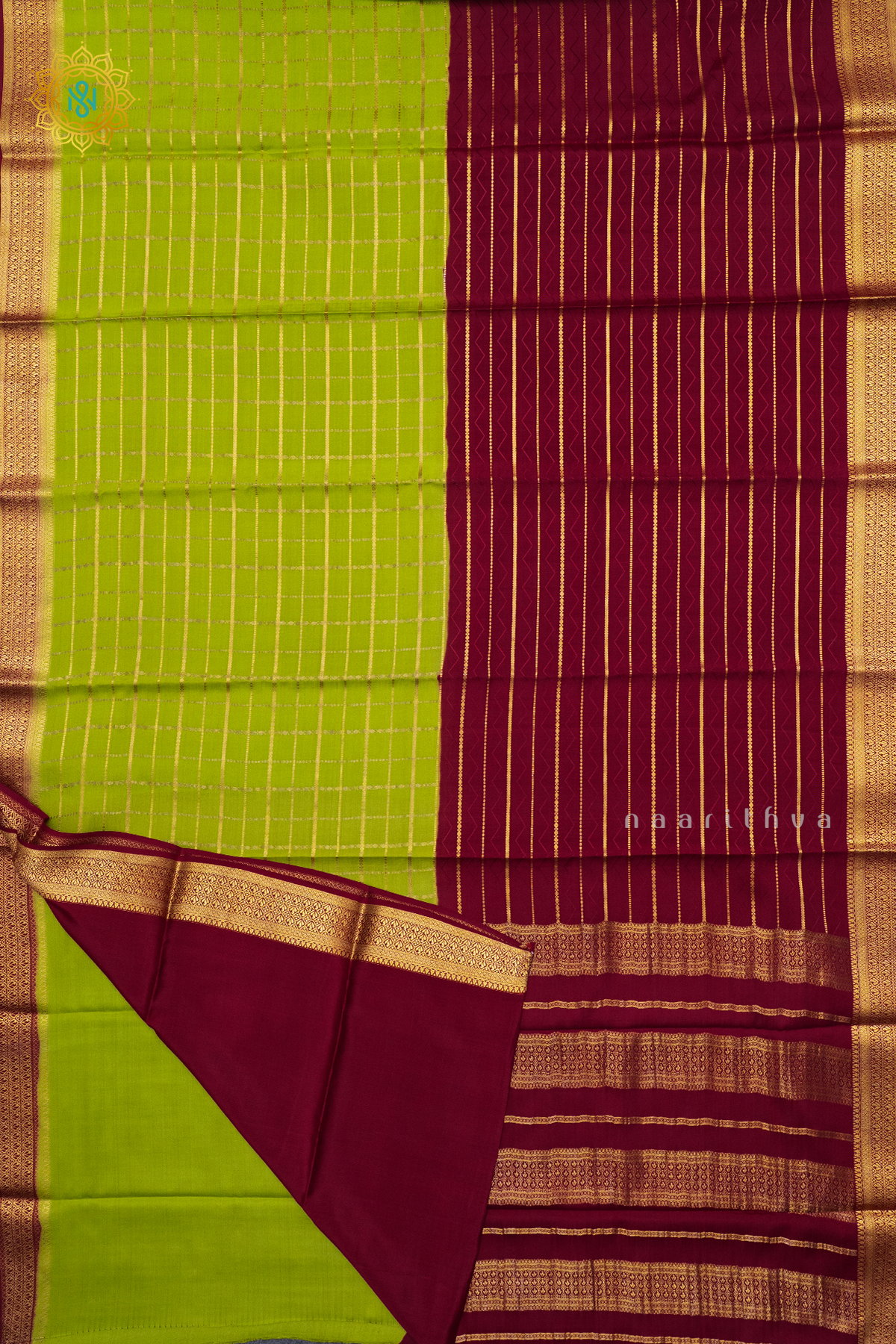 PARROT GREEN WITH MAROON - PURE MYSORE CREPE SILK
