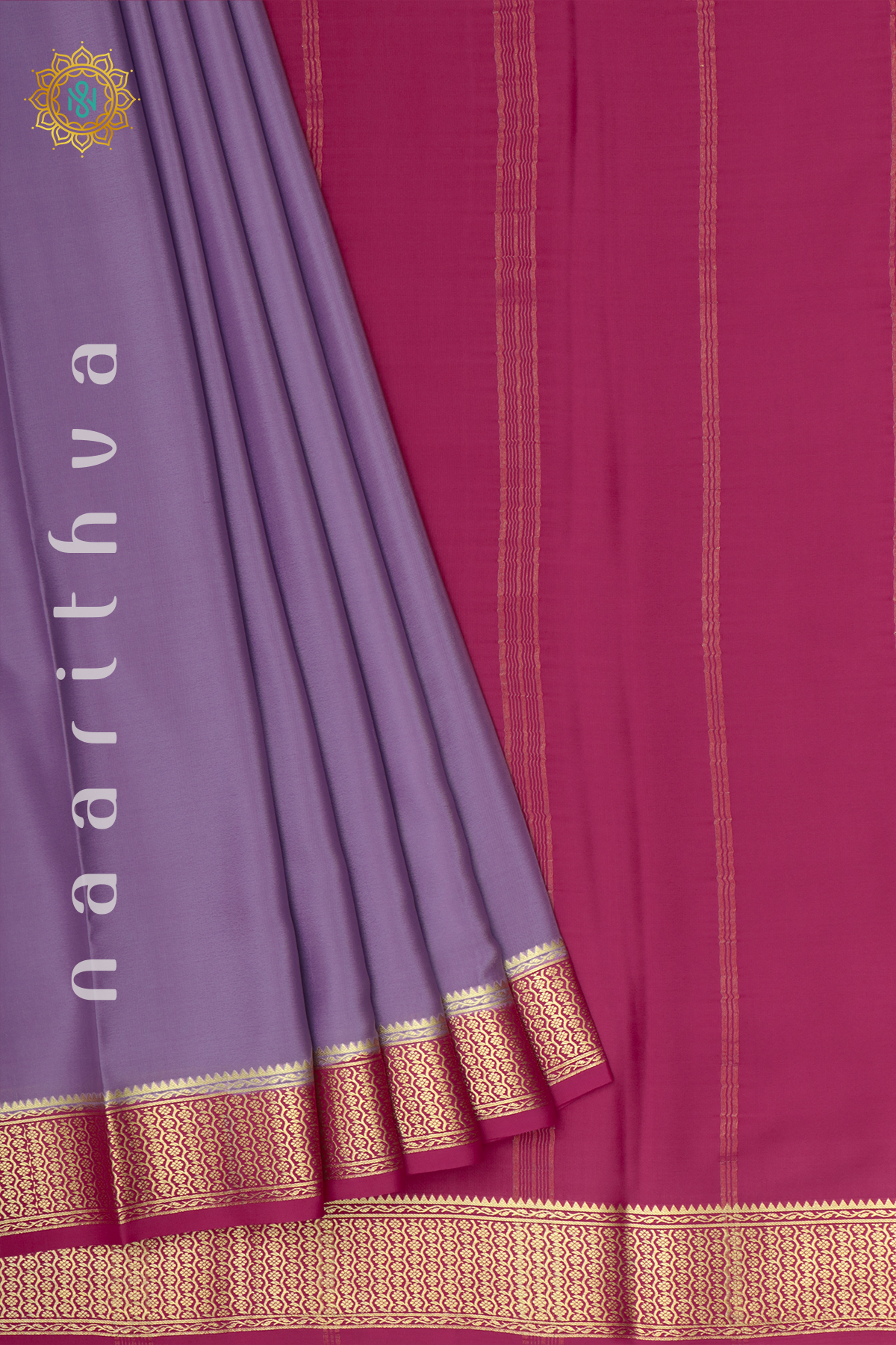 LAVENDER WITH PINK - PURE MYSORE CREPE SILK