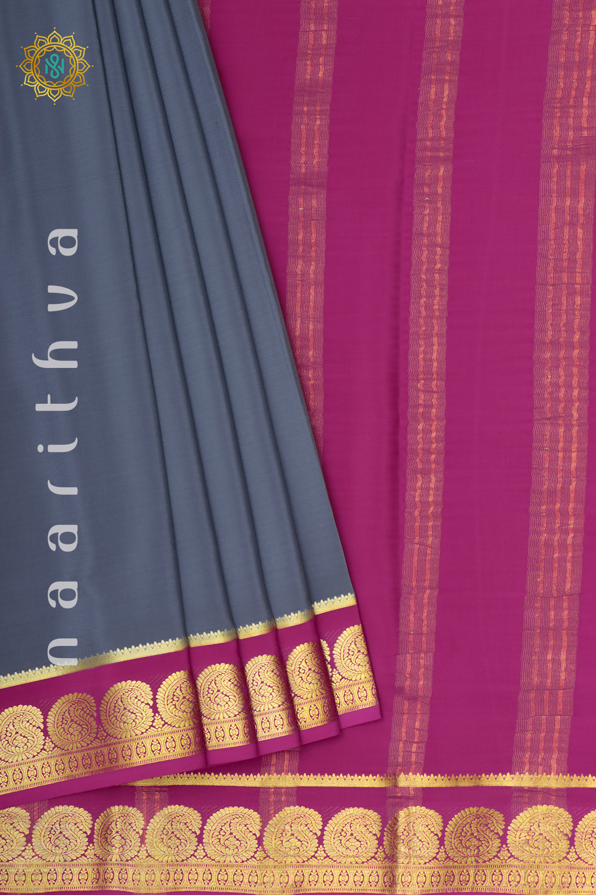 GREY WITH PINK - PURE MYSORE CREPE SILK