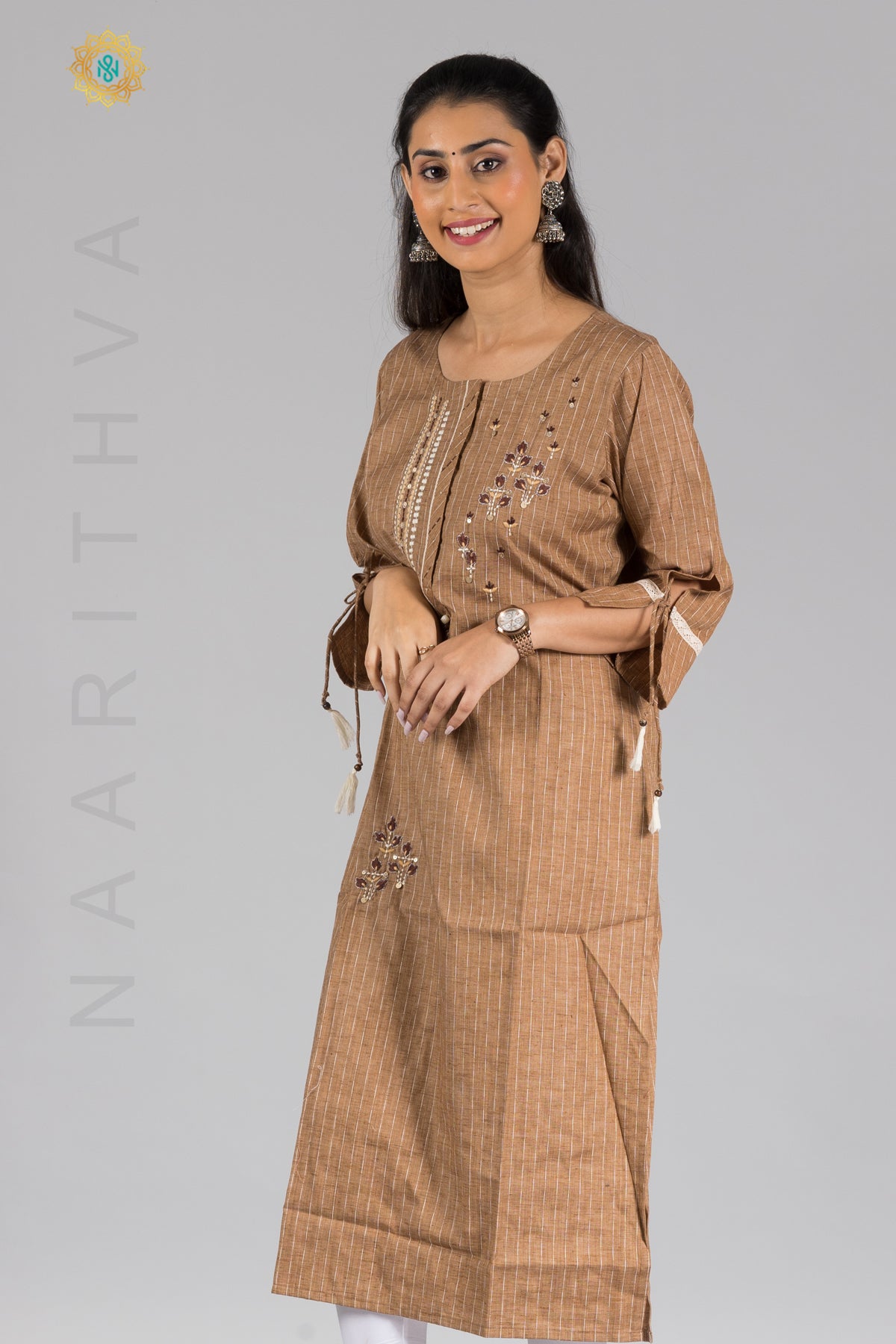BROWN - COTTON STRAIGHT CUT CASUAL KURTI WITH THREAD EMBROIDERY