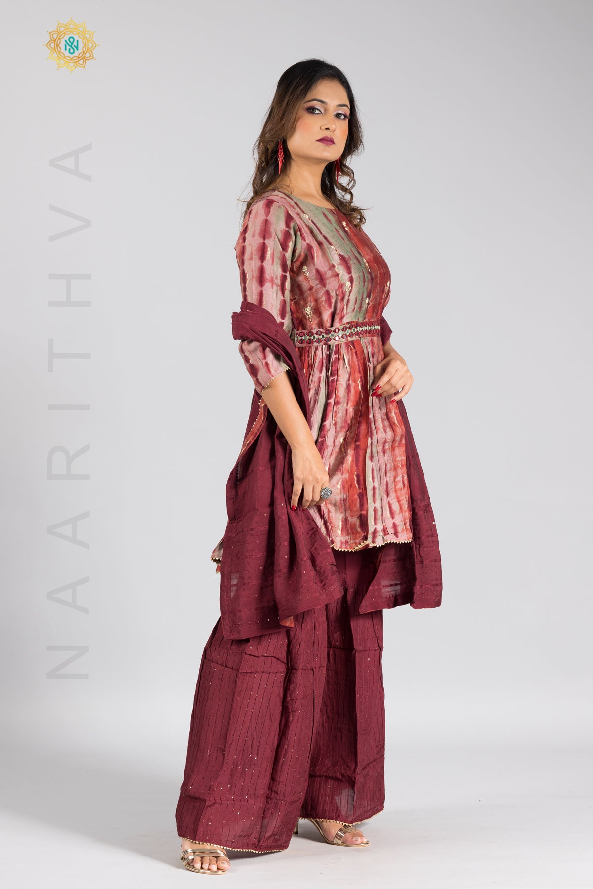 MAROON - PRINTED PAPLONE SALWAR SUIT WITH SHARARA PANT & DUPATTA