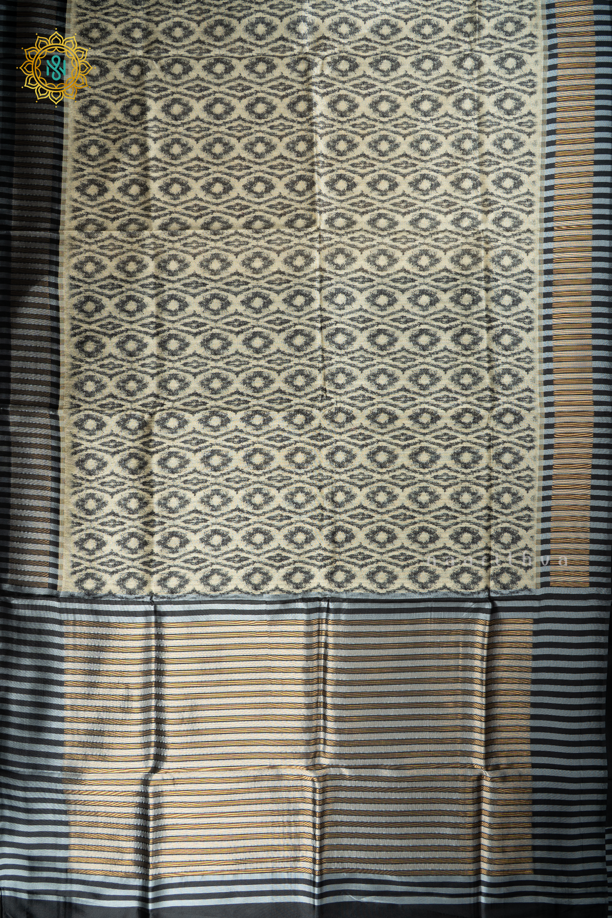 Black Semi Tussar Silk With Printed Body With Zari Border & Pallu