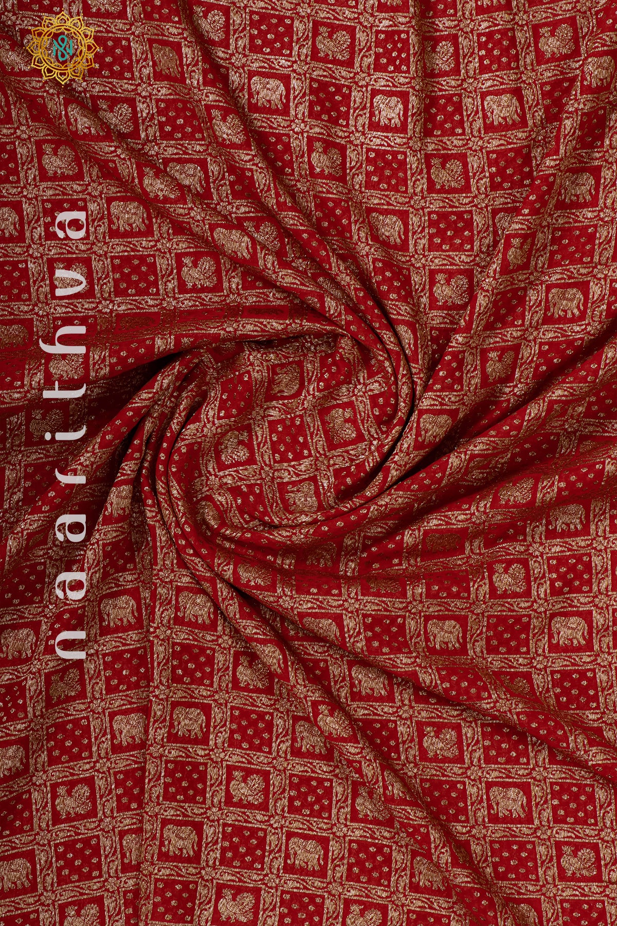 RED WITH GREEN - PURE HANDLOOM KHADDI GEORGETTE BANARAS