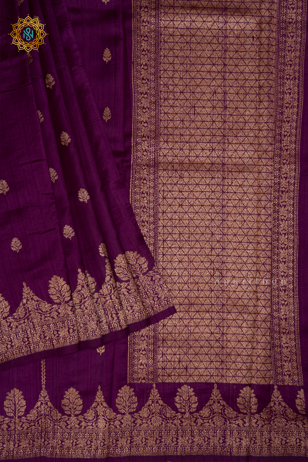 MAGENTA - PURE BANARASI RAW SILK SAREE WITH ALLOVER ZARI WOVEN BUTTAS AND SCALLOP BORDER