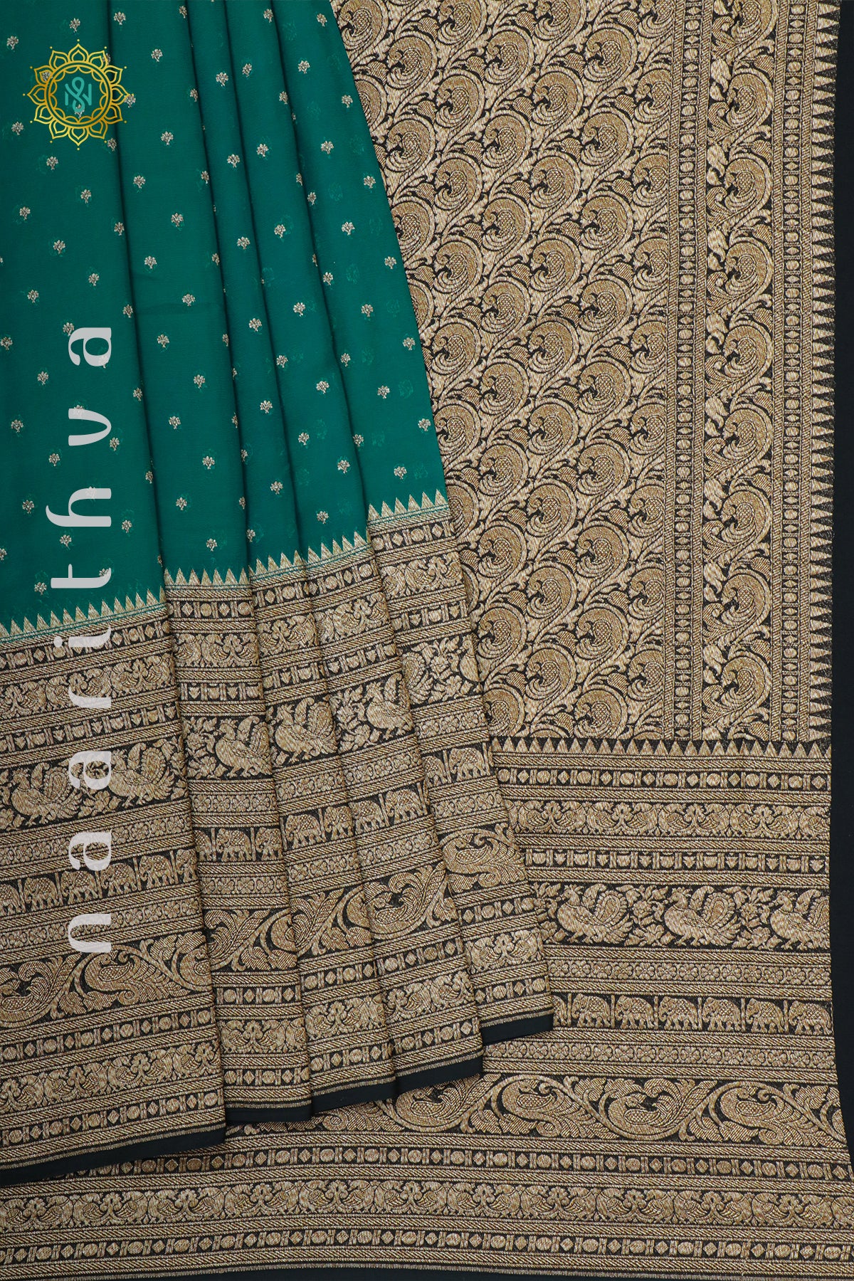 TEAL GREEN WITH BLACK - PURE BANARASI KHADDI GEORGETTE