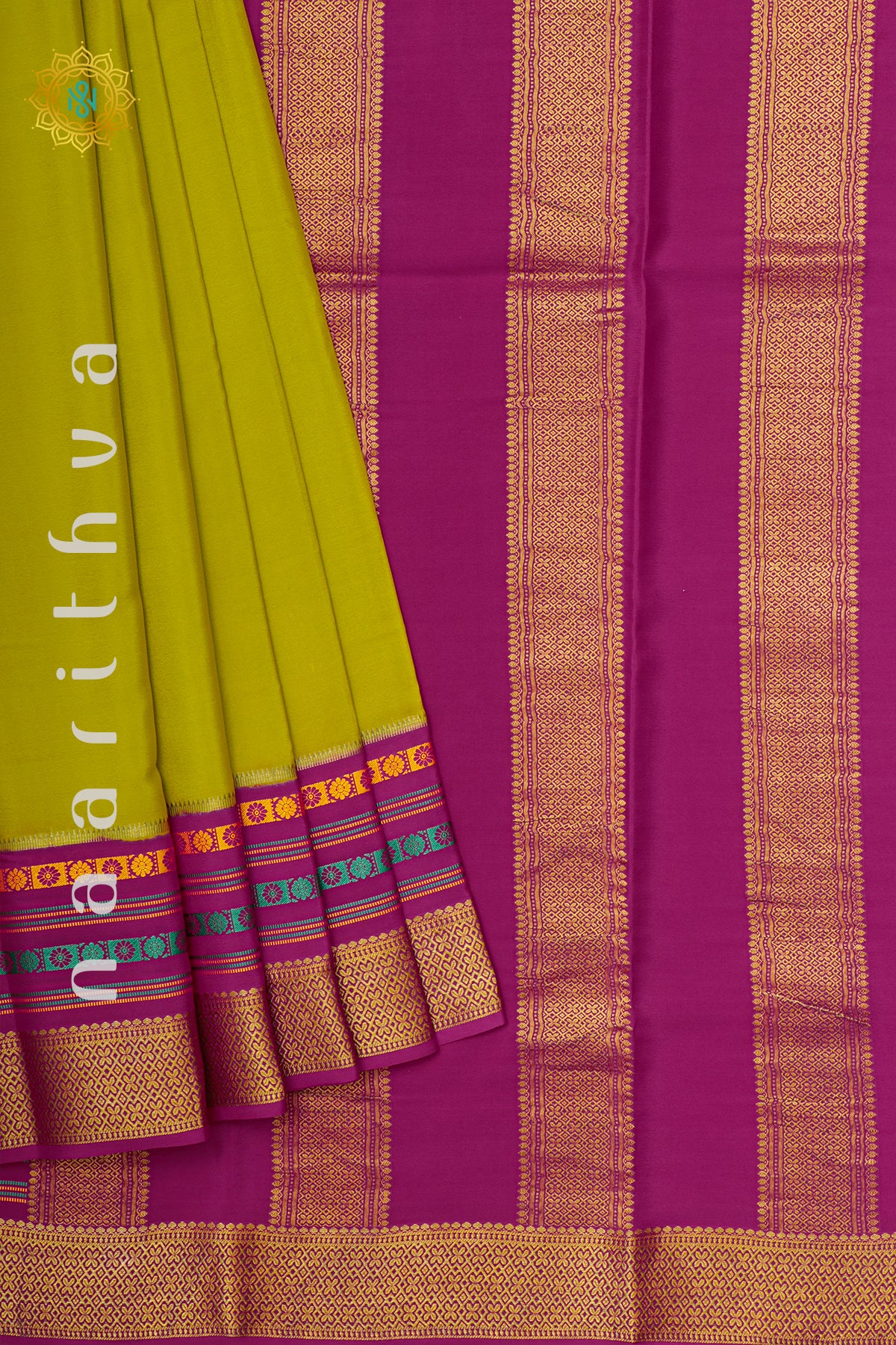 PARROT GREEN WITH PINK - PURE MYSORE CREPE SILK