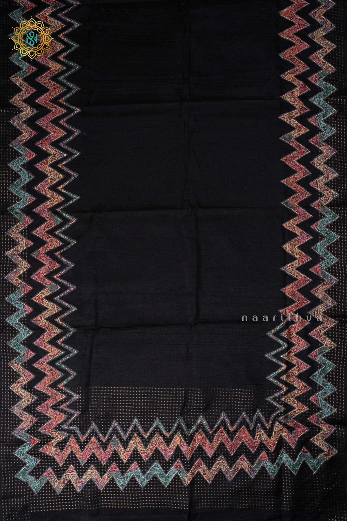 Black Semi Tussar Silk With Applique & Katha Work Saree