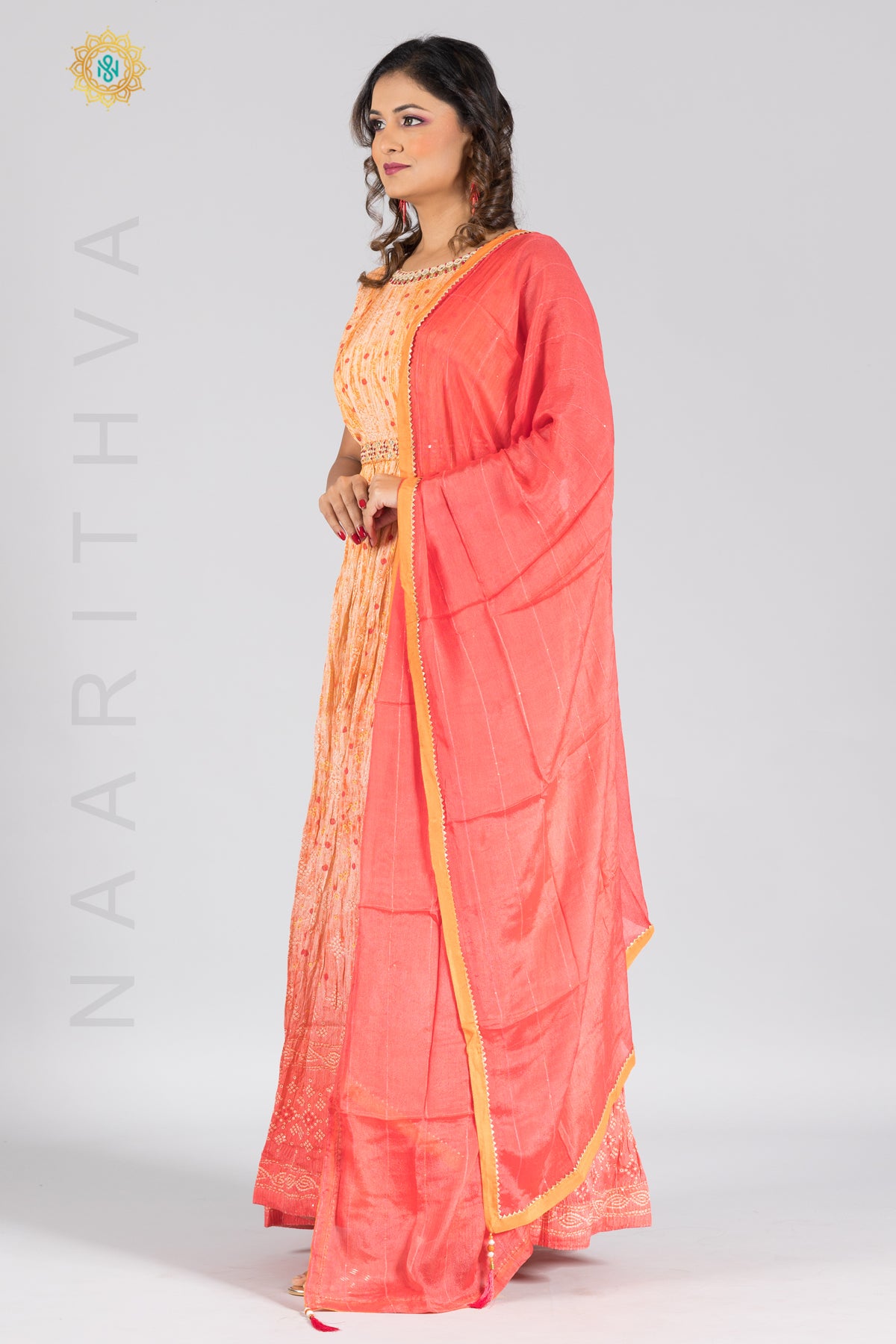 YELLOW WITH PEACH - PARTY WEAR GOWN WITH NECK LINE HAND WORK & DUPATTA