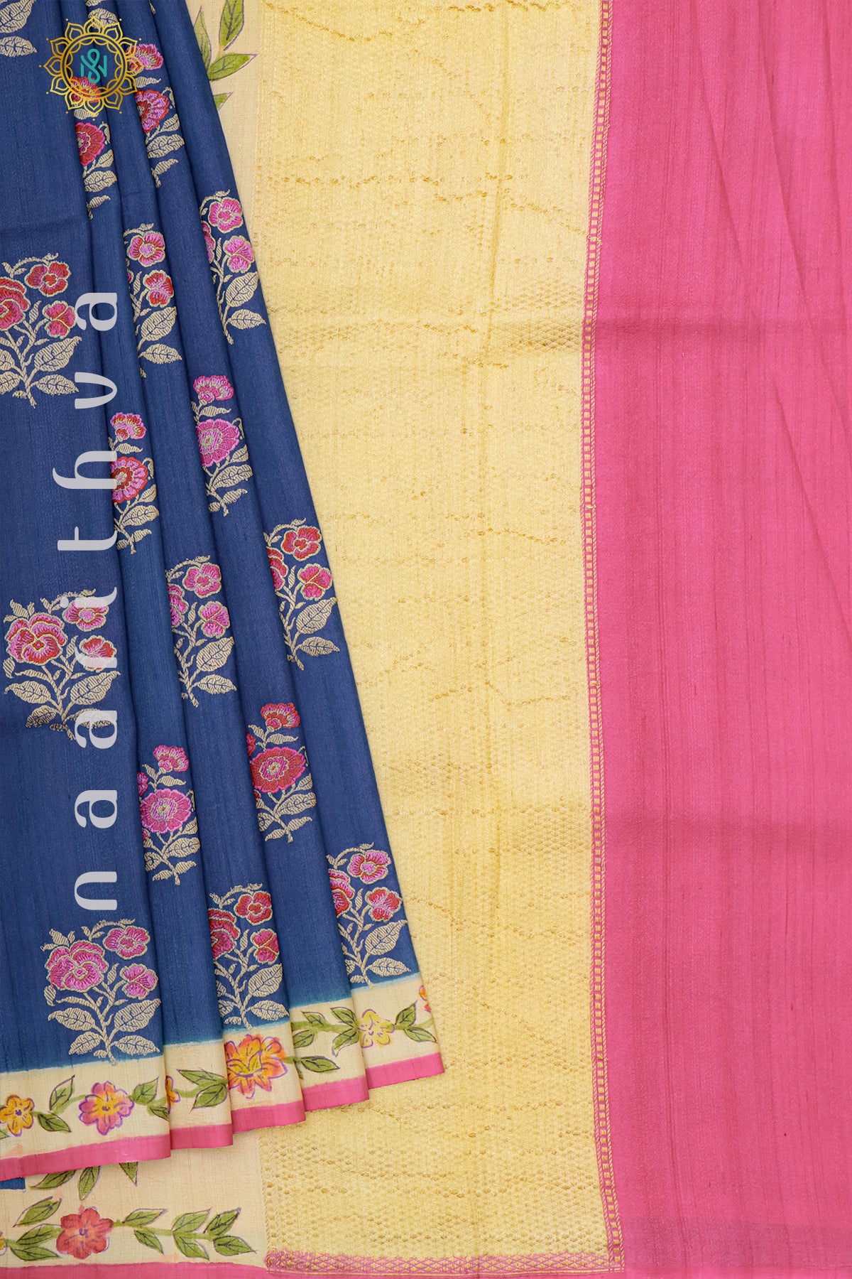 BLUE WITH BEIGE & PINK - PURE HAND PAINTED TUSSAR GEORGETTE