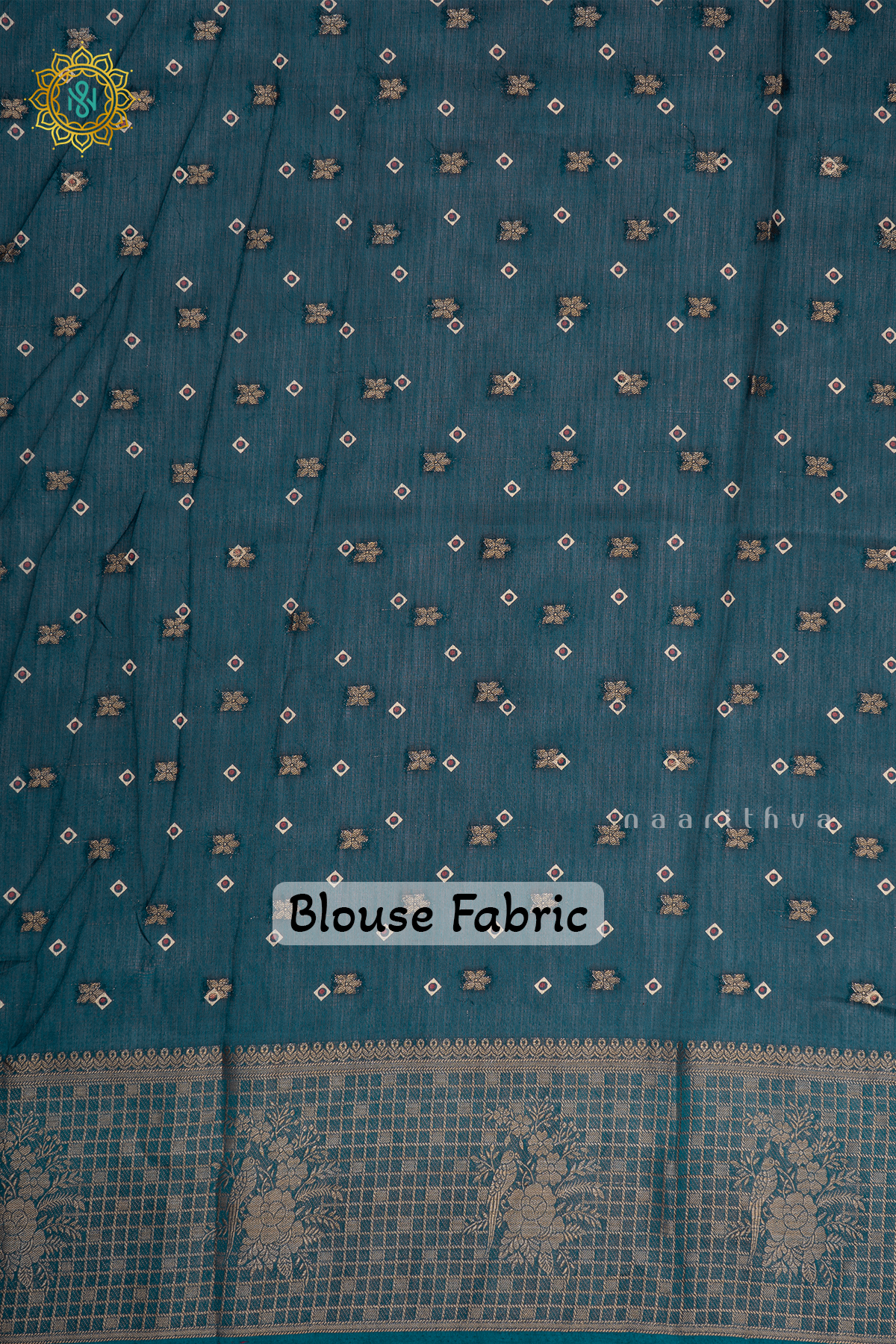 Teal Blue Tussar Georgette Saree With Printed Body And Zari Checks Border