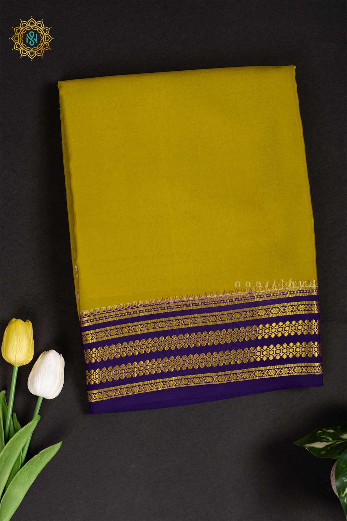 LEMON YELLOW WITH PURPLE - PURE MYSORE CREPE SILK