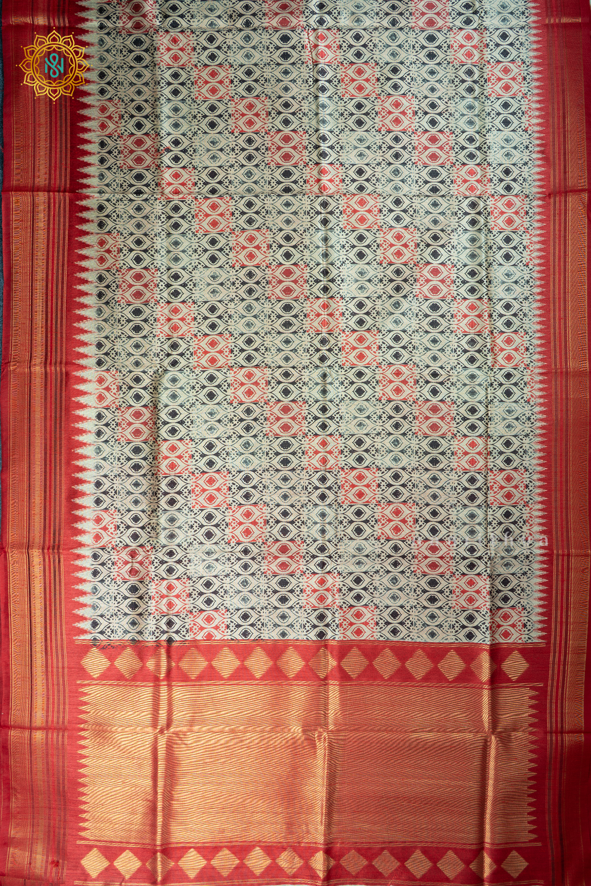 Black With Red Semi Tussar Silk With Printed Body With Zari Border & Pallu