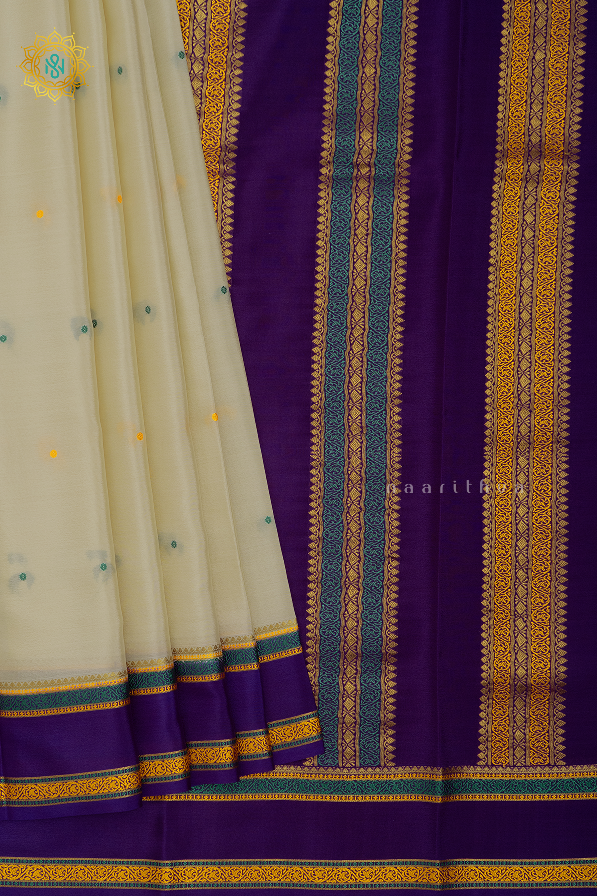 OFF WHITE WITH PURPLE - PURE MYSORE CREPE SILK