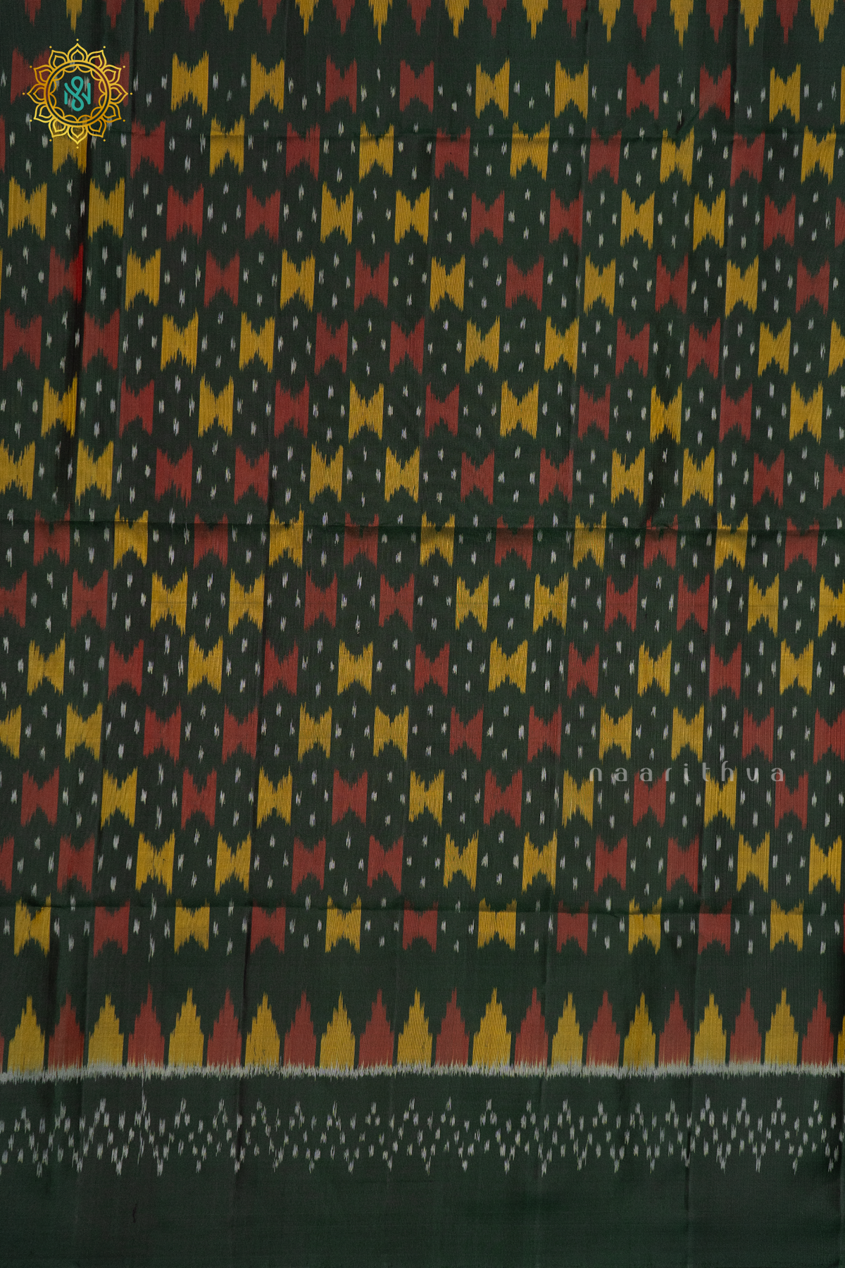 BOTTLE GREEN WITH CYAN GREEN - PURE KANJIVARAM IKAT SOFT SILK