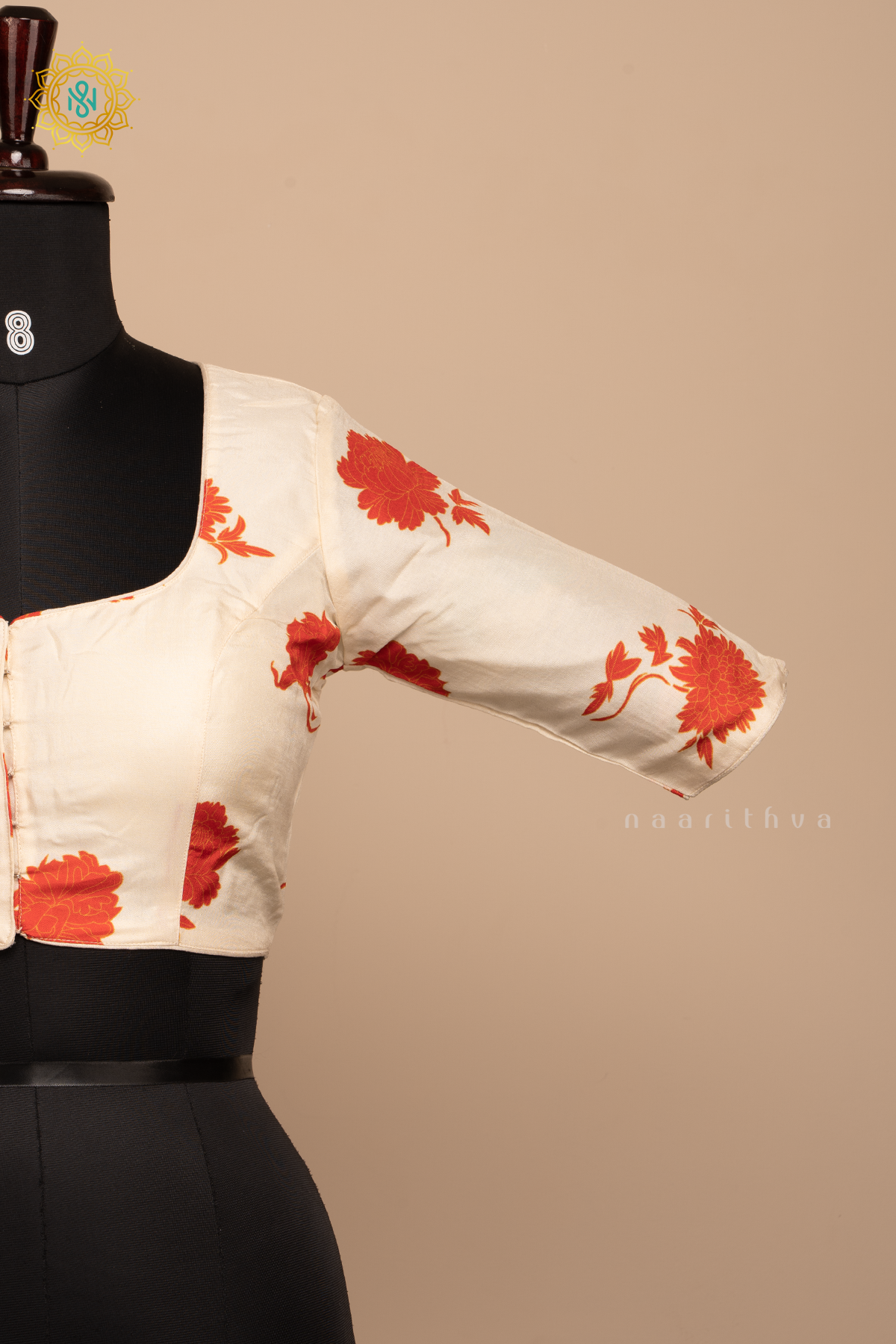 OFF WHITE WITH ORANGE - DOLA SILK READYMADE BLOUSE WITH FLORAL PRINTS