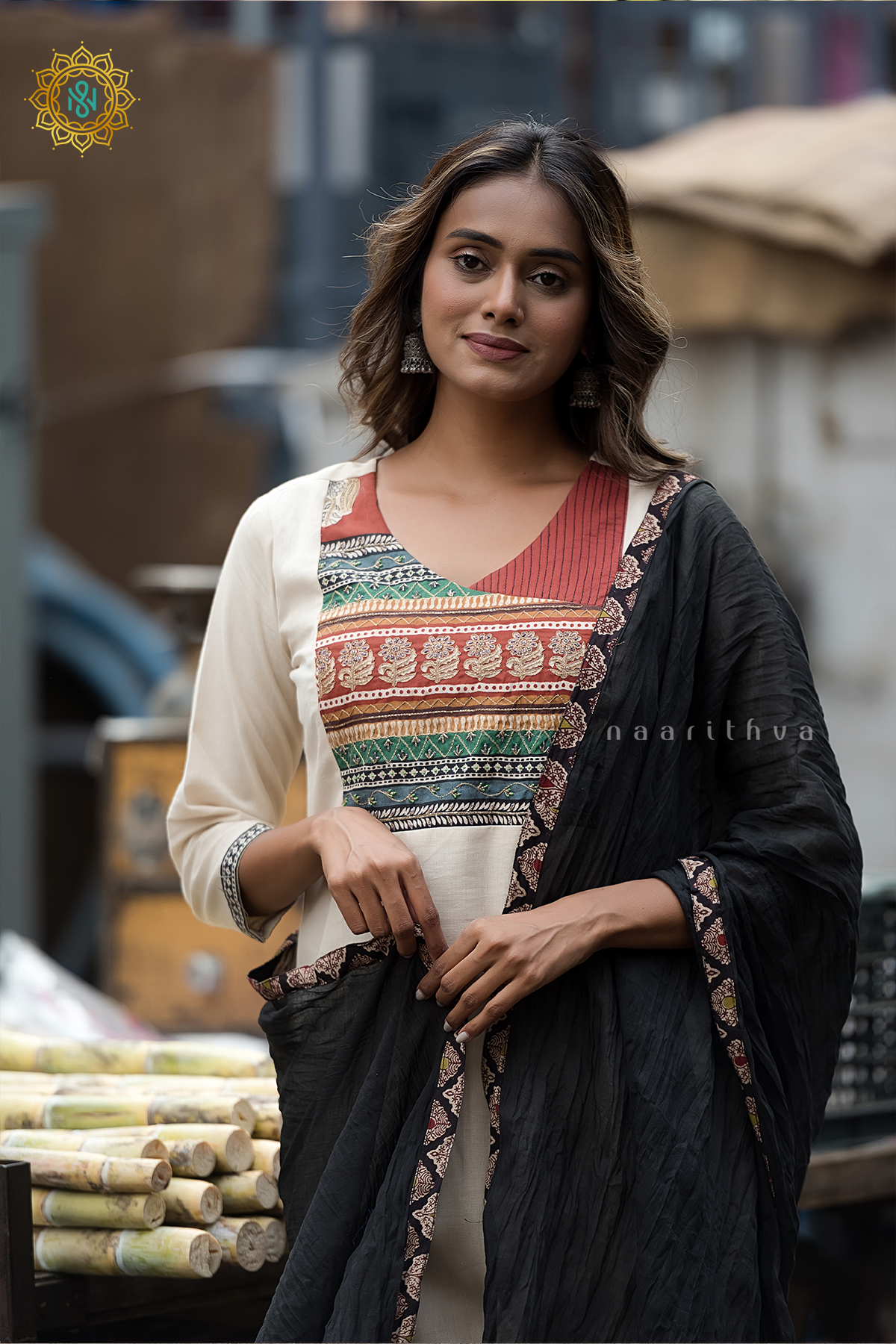 OFF WHITE WITH BLACK - COTTON 3PC SALWAR SUIT WITH TOP, BOTTOM & DUPATTA
