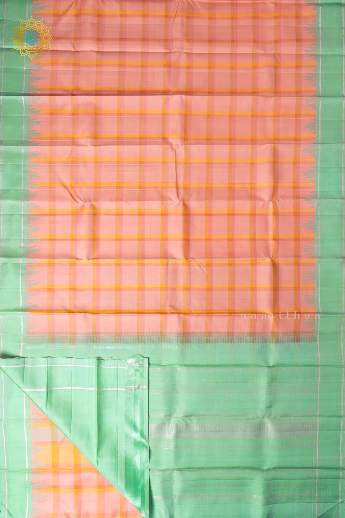 Peach With Green Pure Kanjivaram Silk Saree With Checks Body & Contrast Bentex Border
