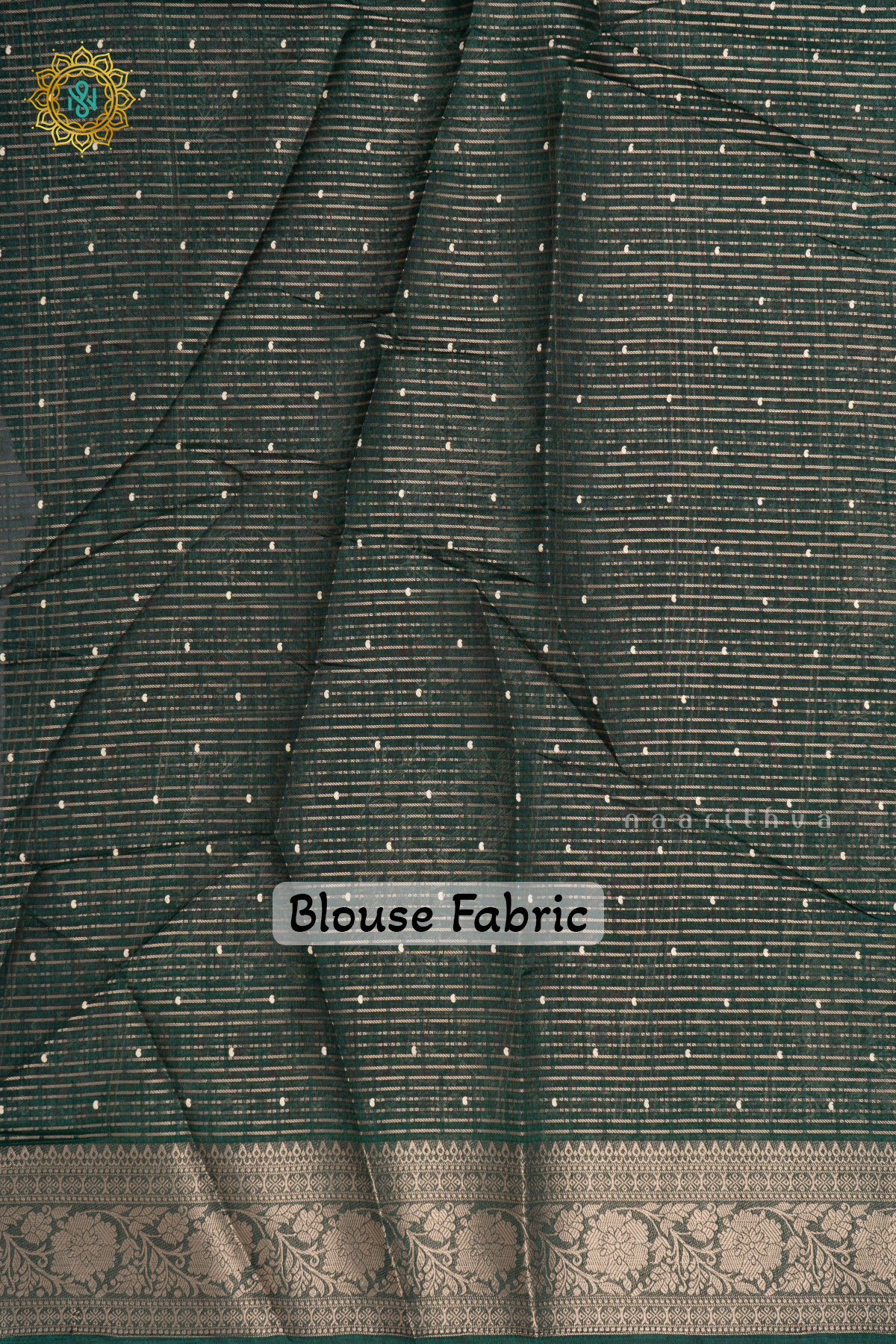 Bottle Green Dola Silk Saree With Allover Printed Buttas And Zari Stripes With Zari Border
