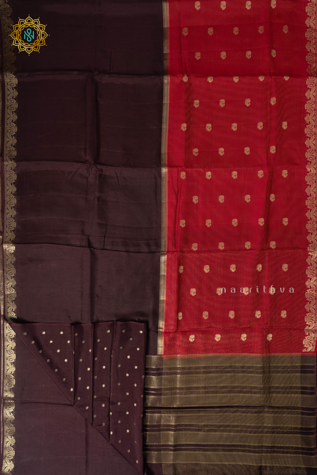 Brick Red With Brown Semi Crepe Silk Saree With Zari Stripes & Buttas On The Body With Half & Half Pattern