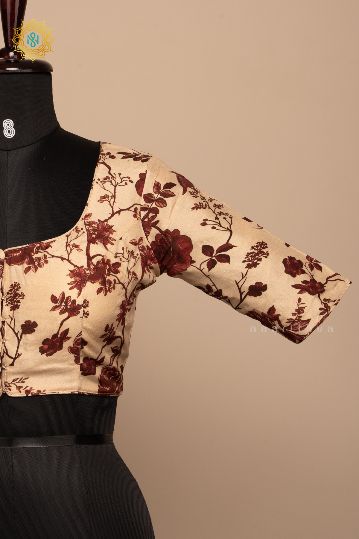 Beige With Maroon - Dola Silk Readymade Blouse With Floral Prints