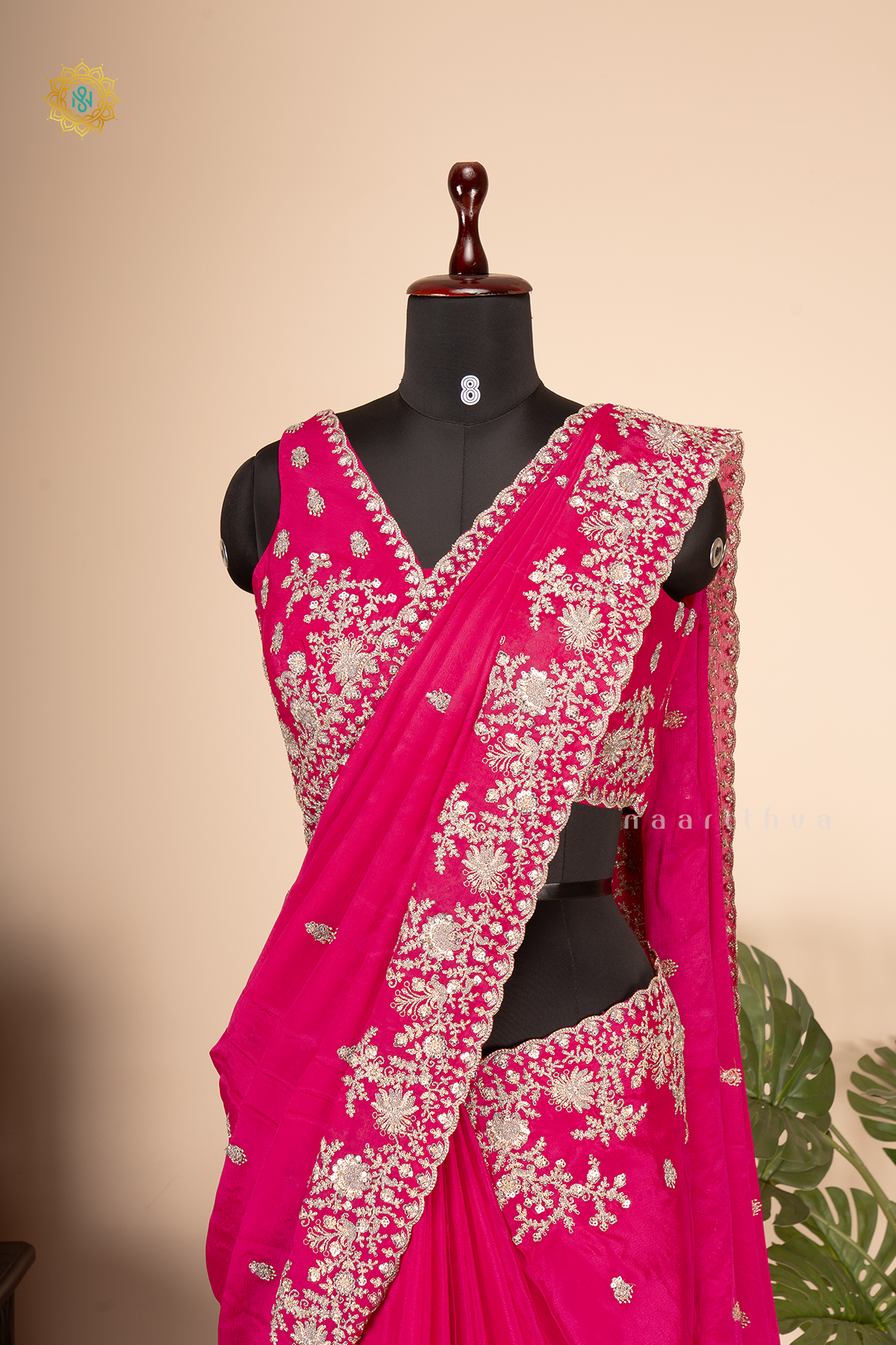 Pink Chinnon Designer Wear Saree with Readymade Blouse