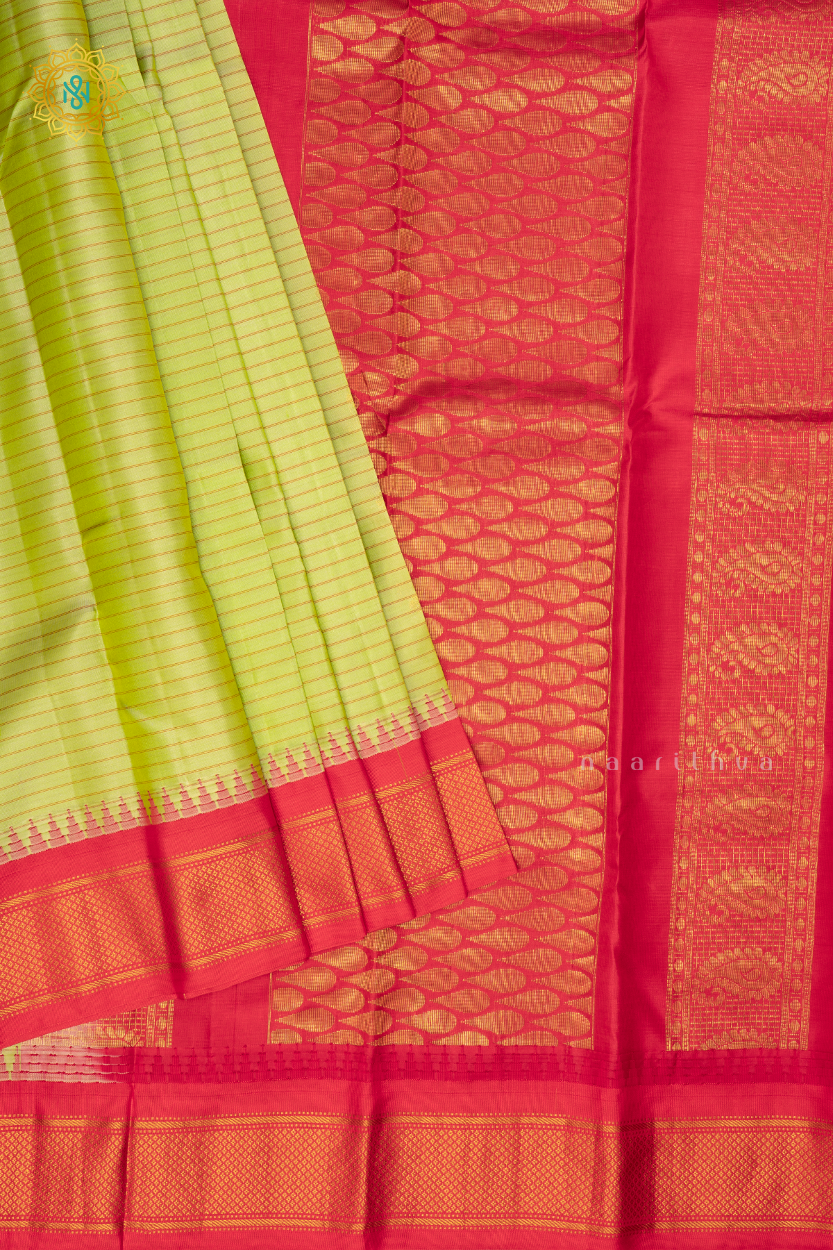 Light Green With Rani Pink Pure Gadwal Silk Saree With Zari Woven Buttas And Contrast Zari Border