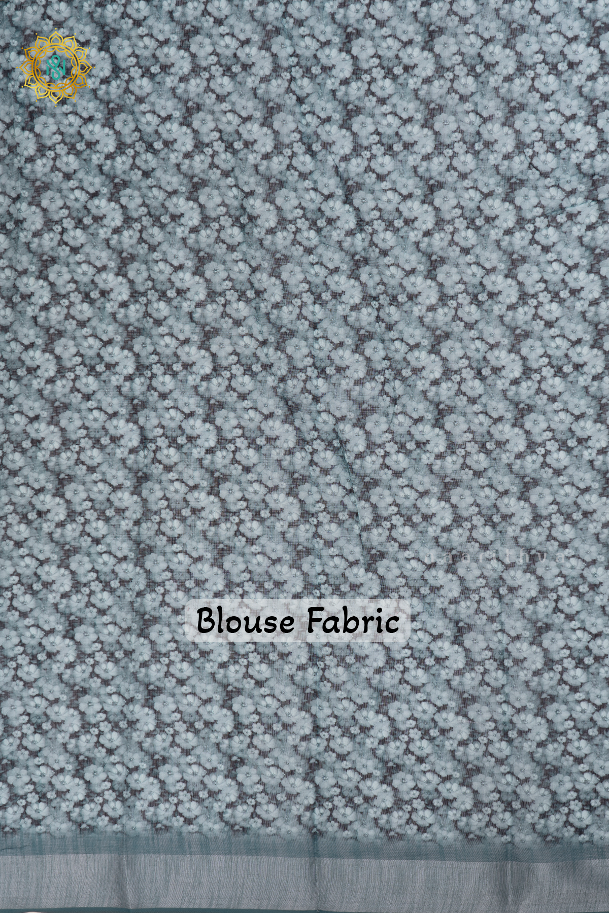 Sage Blue Linen By Cotton Saree With Floral Printed Body