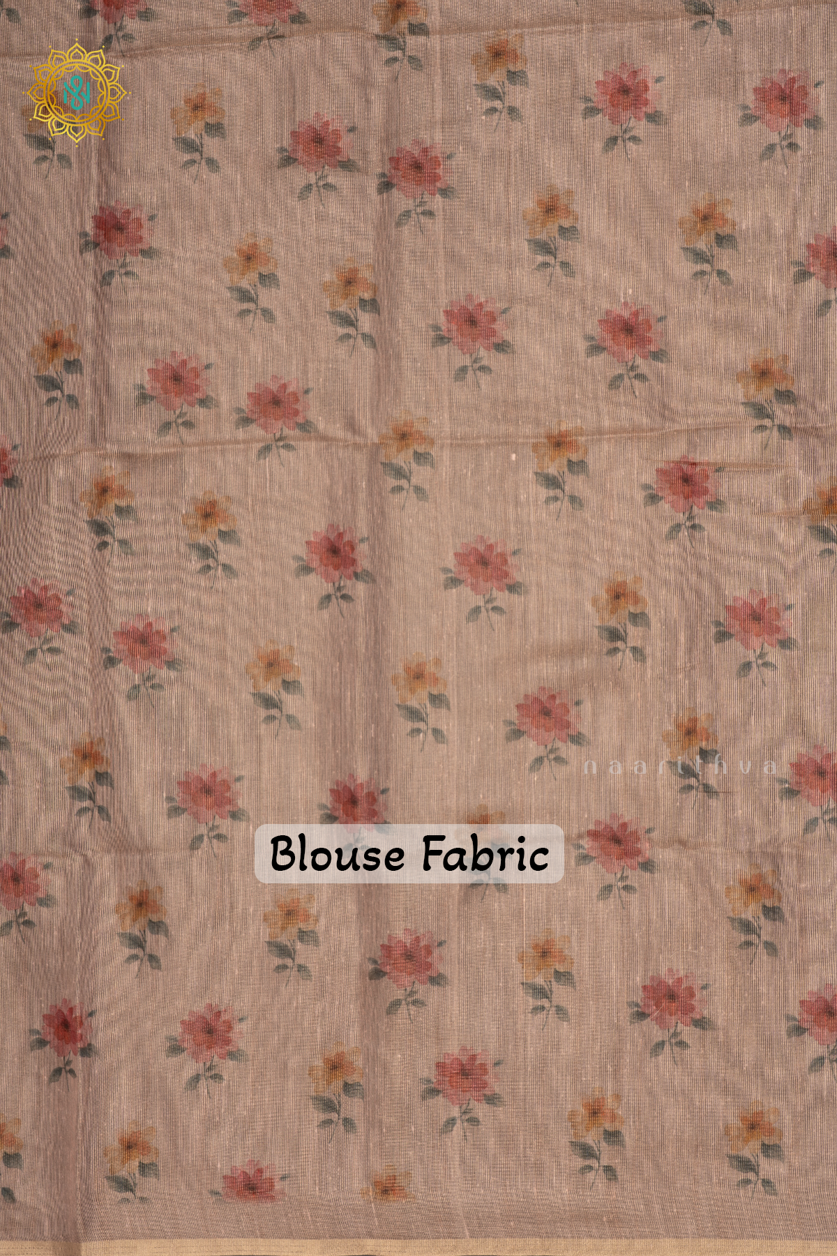 Peach Linen Tissue Saree With Floral Prints On The Body And Tissue Border