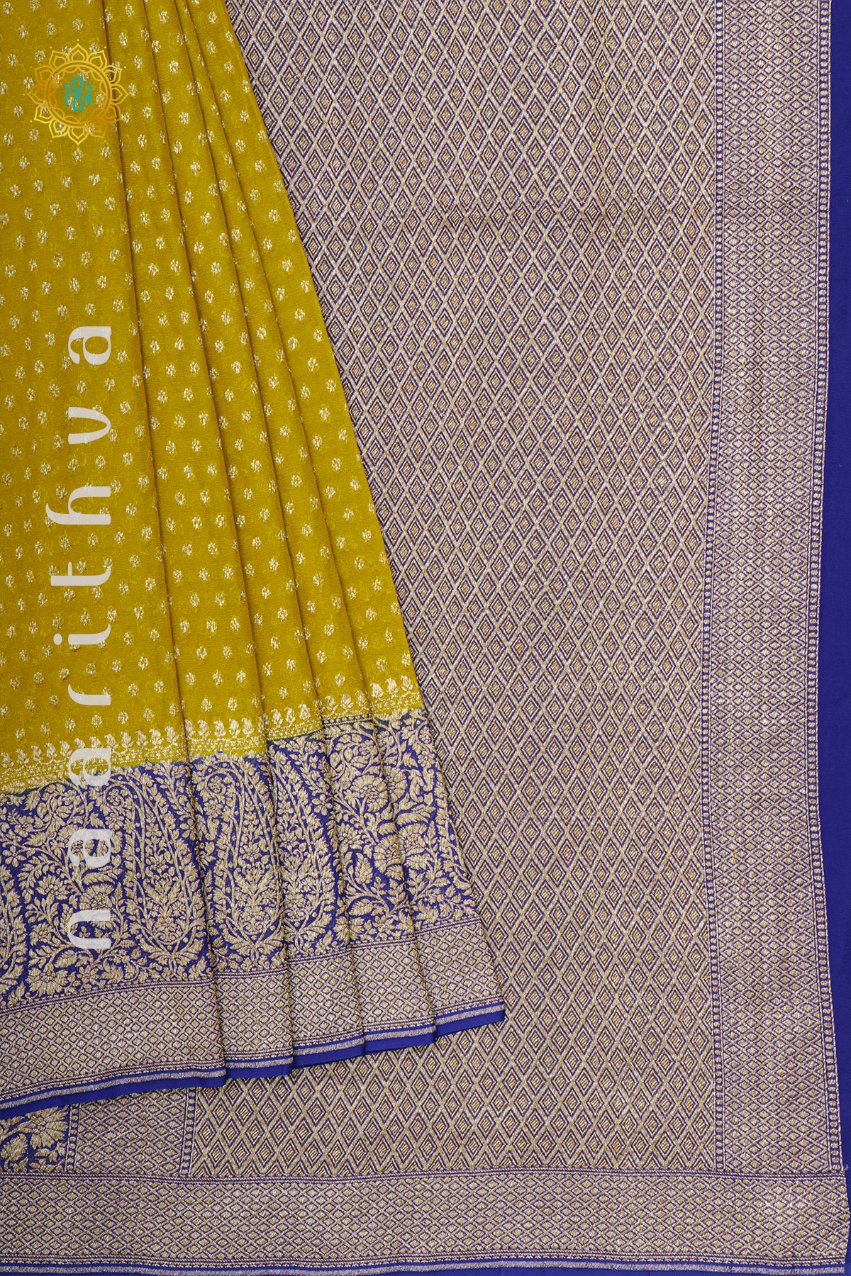 YELLOW WITH ROYAL BLUE - PURE BANARASI KHADDI GEORGETTE