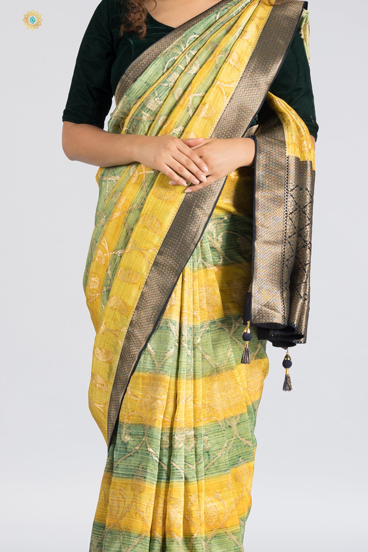 YELLOW & GREEN WITH BLACK - DOLA SILK WITH ZARI WOVEN PATTERN ON THE BODY & CONTRAST BLOUSE