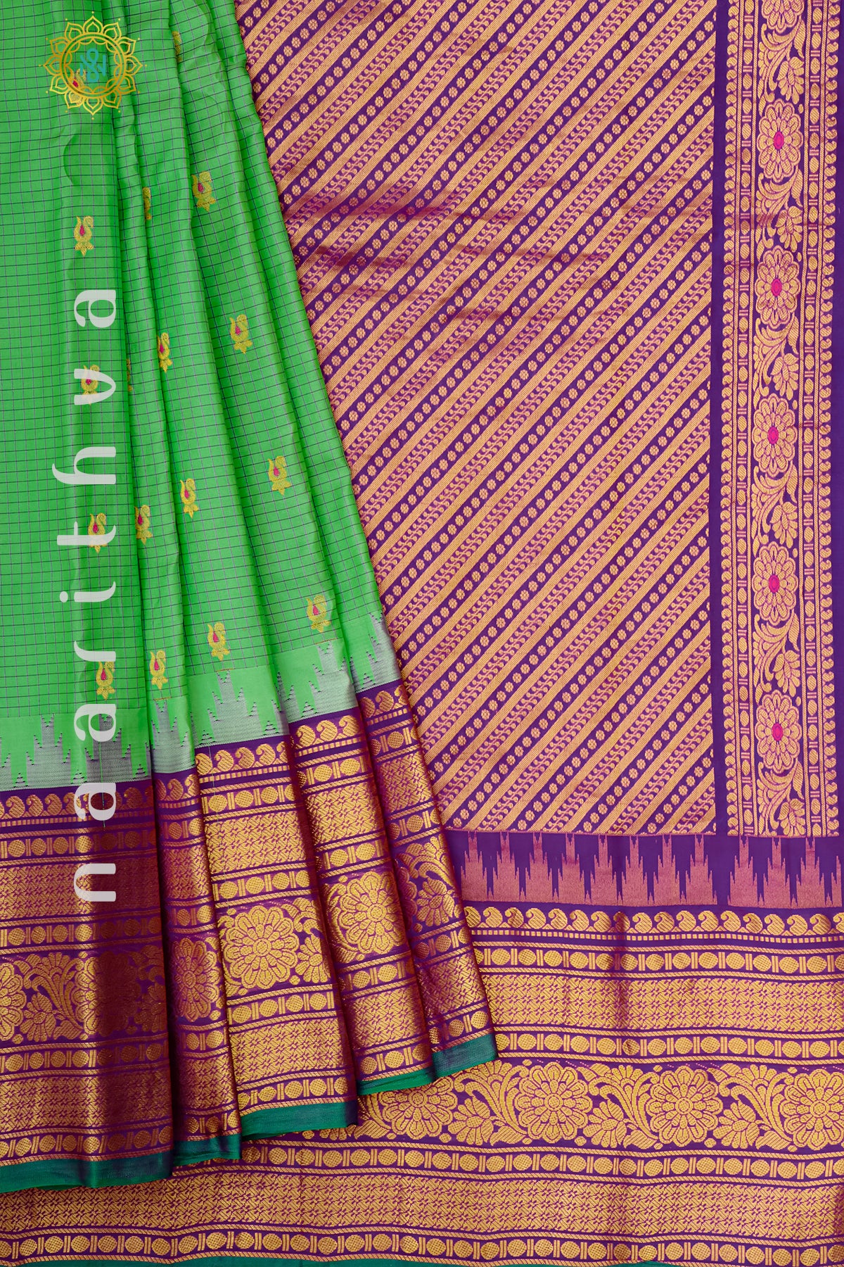 GREEN WITH PURPLE - PURE GADWAL SILK