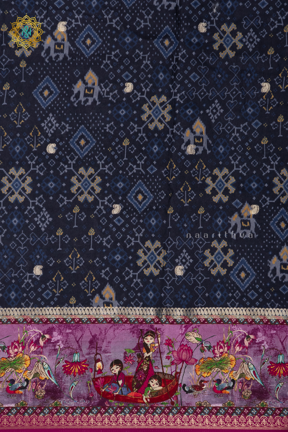 NAVY BLUE WITH PINK - SEMI CREPE SILK