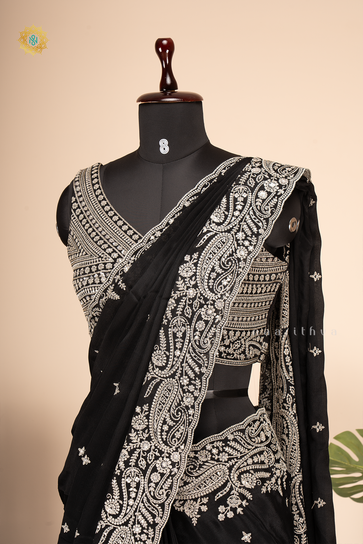 BLACK - CREPE PARTY WEAR SAREE WITH READYMADE BLOUSE