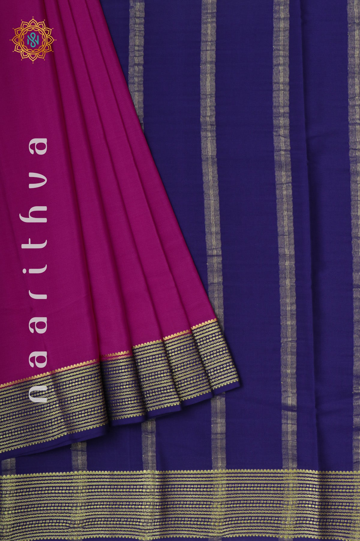 PINK WITH NAVY BLUE - PURE MYSORE CREPE SILK