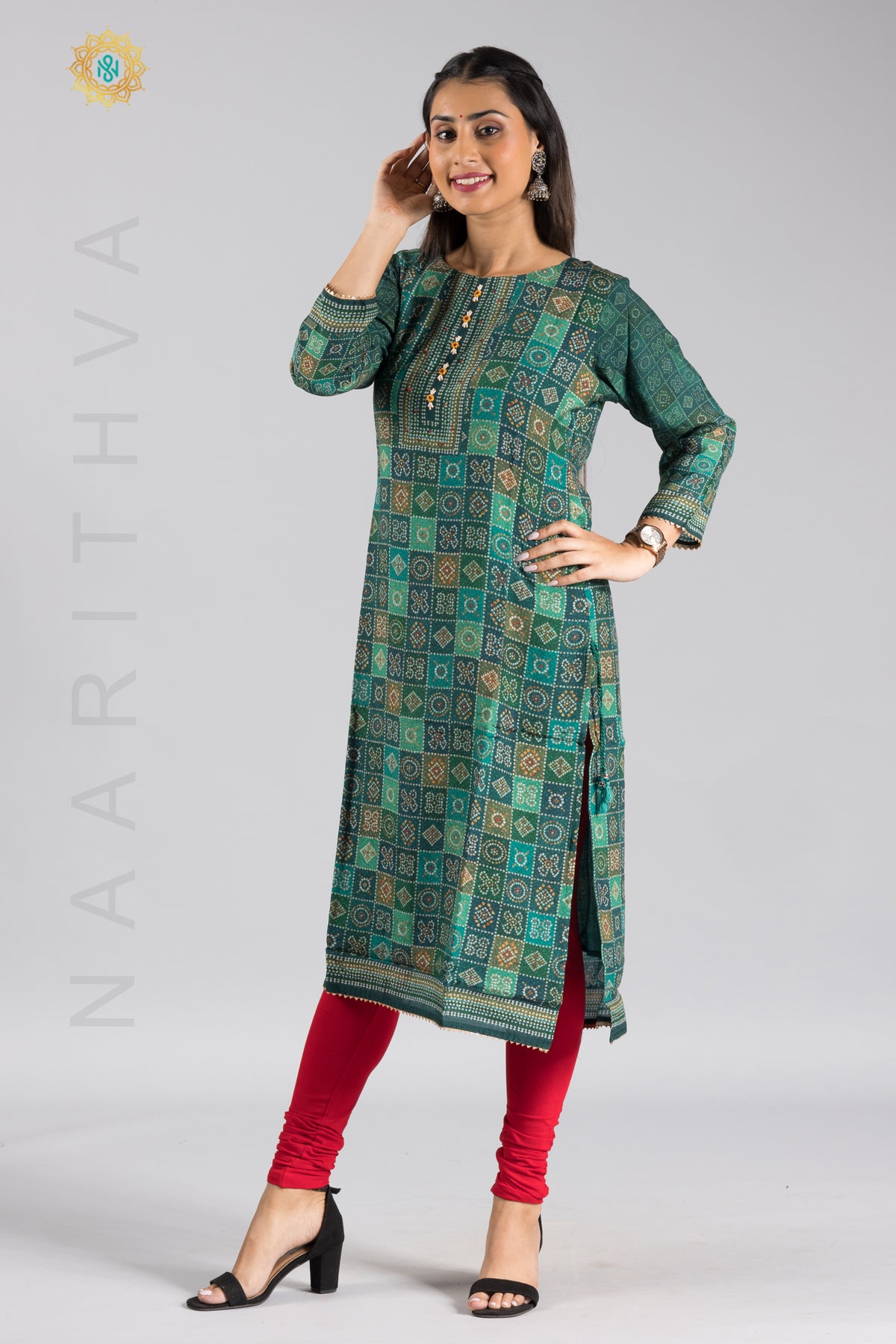 GREEN - CASUAL WEAR STRAIGHT CUT KURTI WITH SIMPLE NECK EMBROIDERY