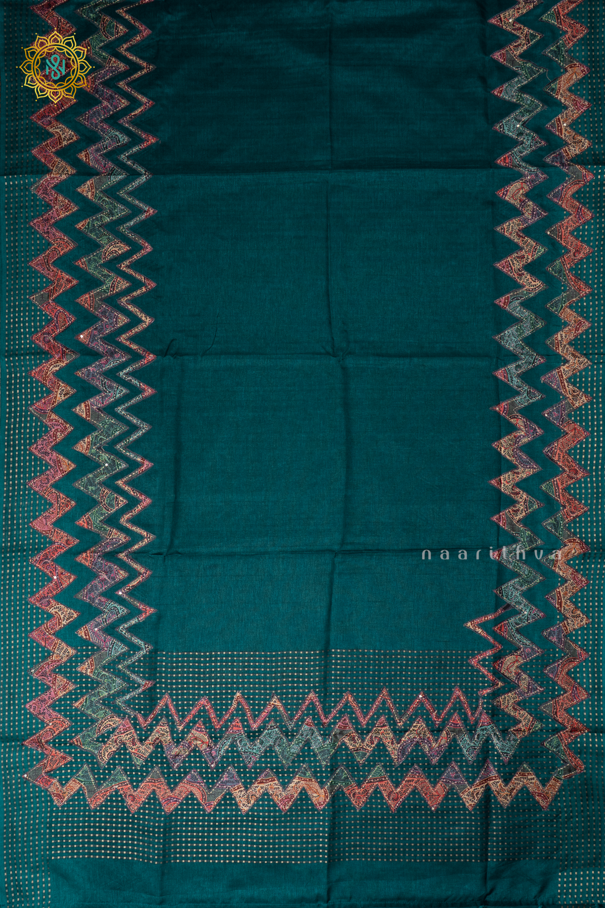 Teal Green Semi Tussar Silk With Applique & Katha Work Saree