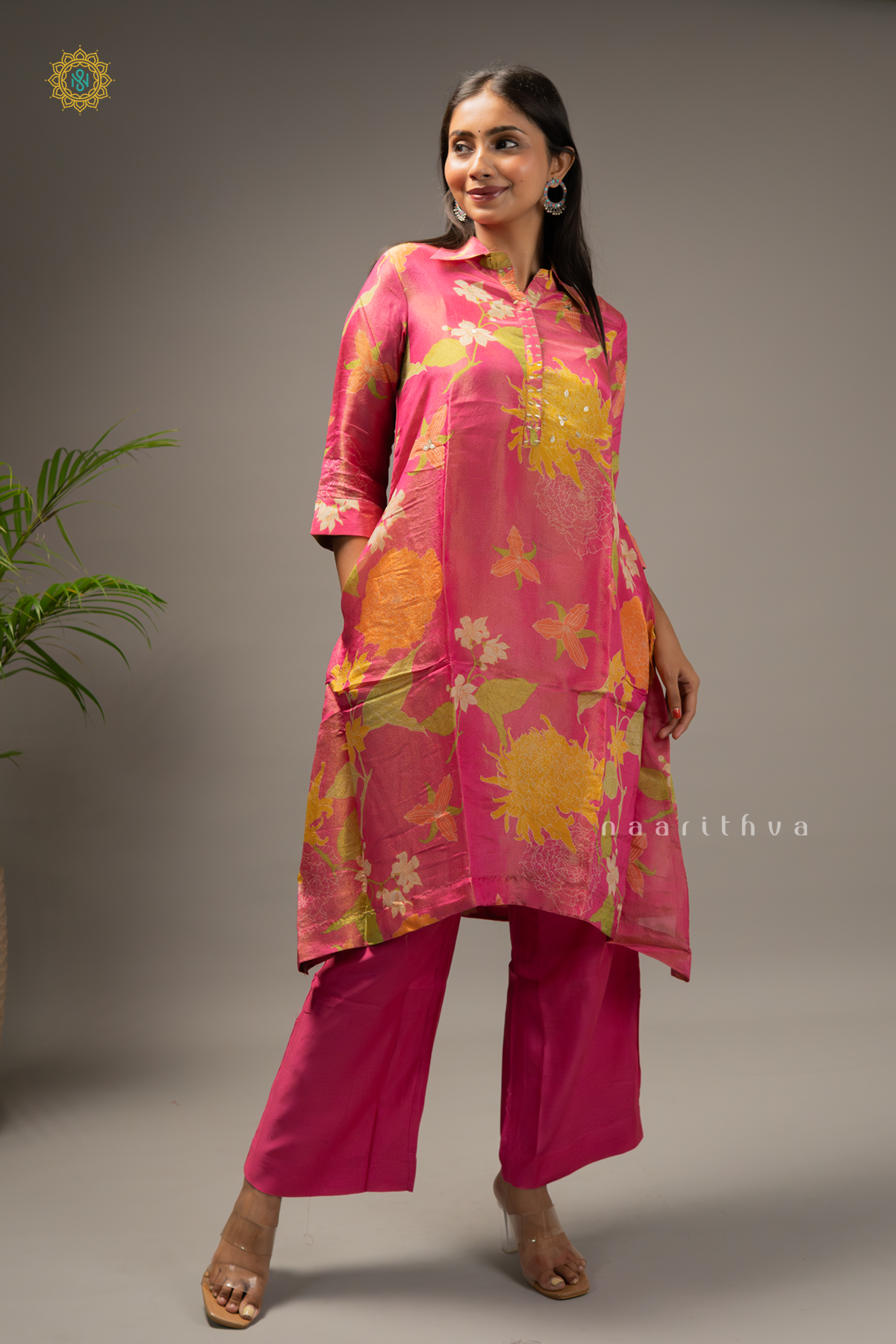 PINK - TISSUE 2PC CO-ORD SET WITH FLORAL PRINTED TOP