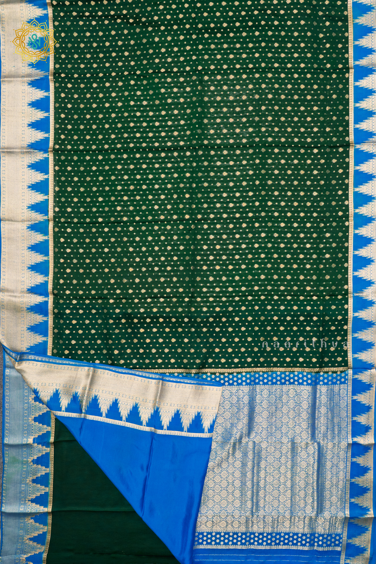 BOTTLE GREEN WITH SKY BLUE - PURE MYSORE CREPE SILK