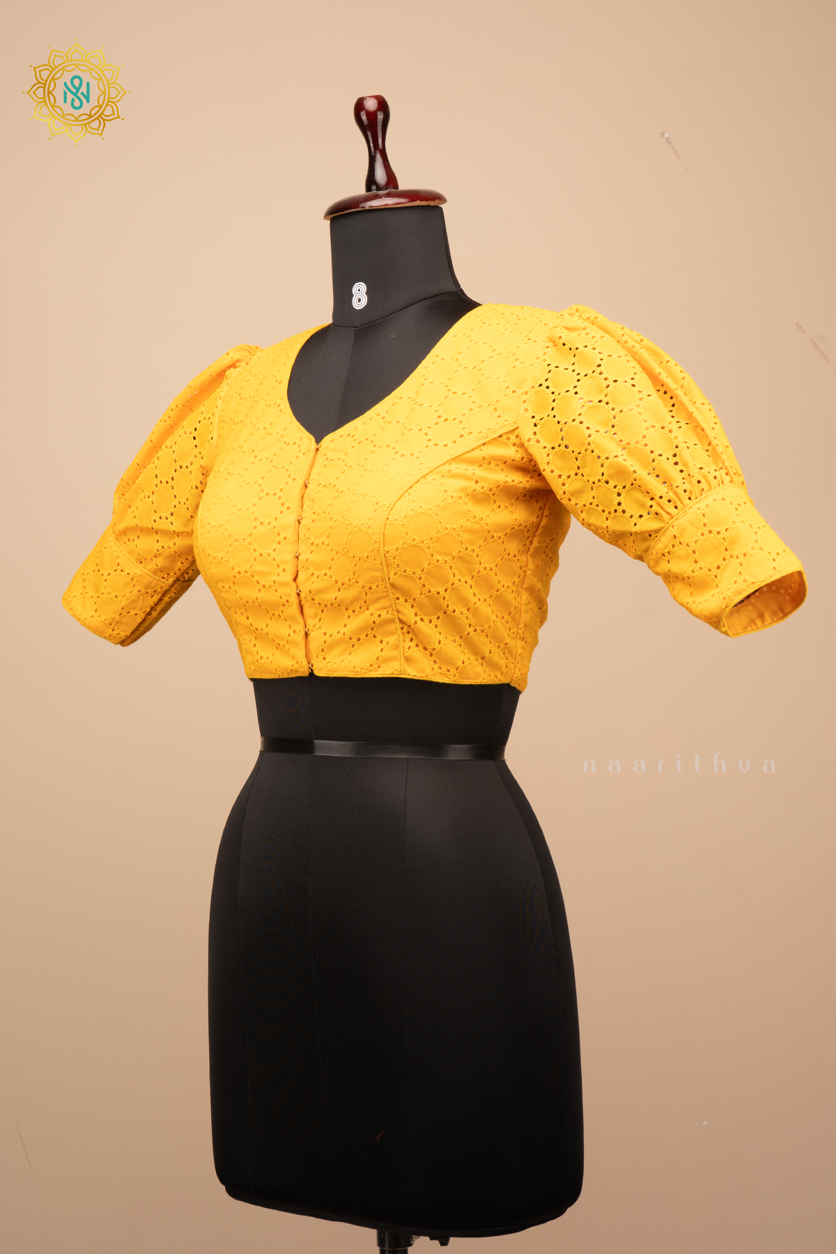 yellow - Cotton readymade blouse with hakoba work and puff sleeves