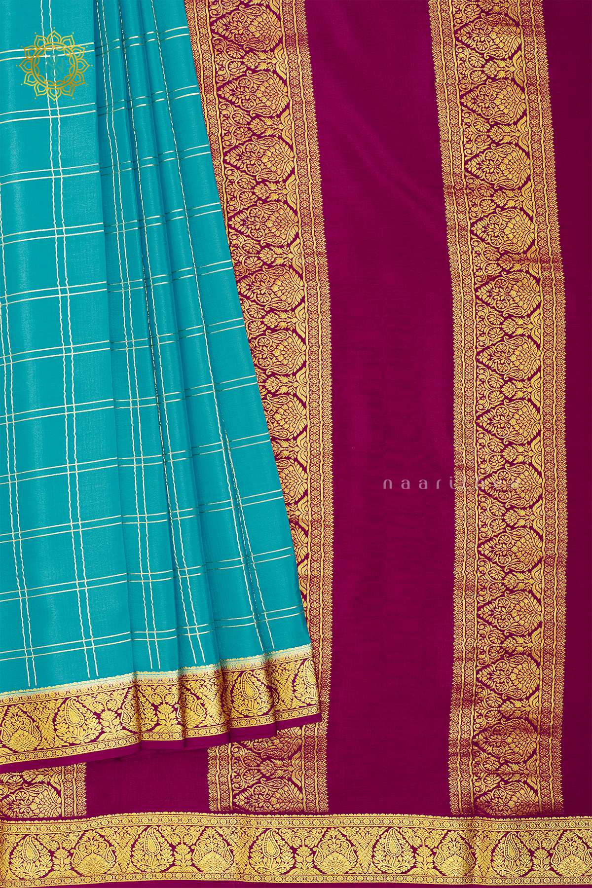 AQUA BLUE WITH PINK - PURE MYSORE CREPE SILK