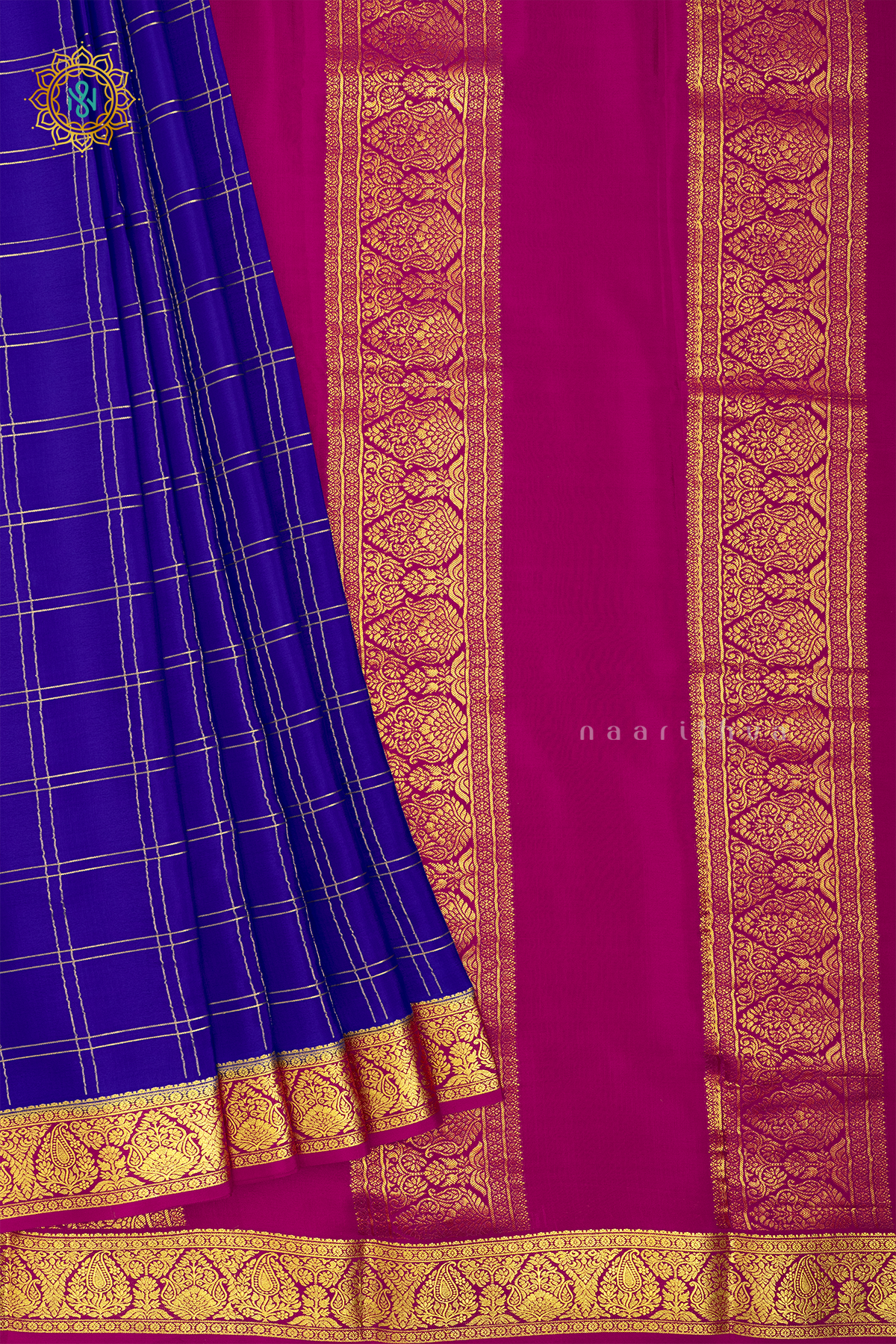 ROYAL BLUE WITH PINK - PURE MYSORE CREPE SILK