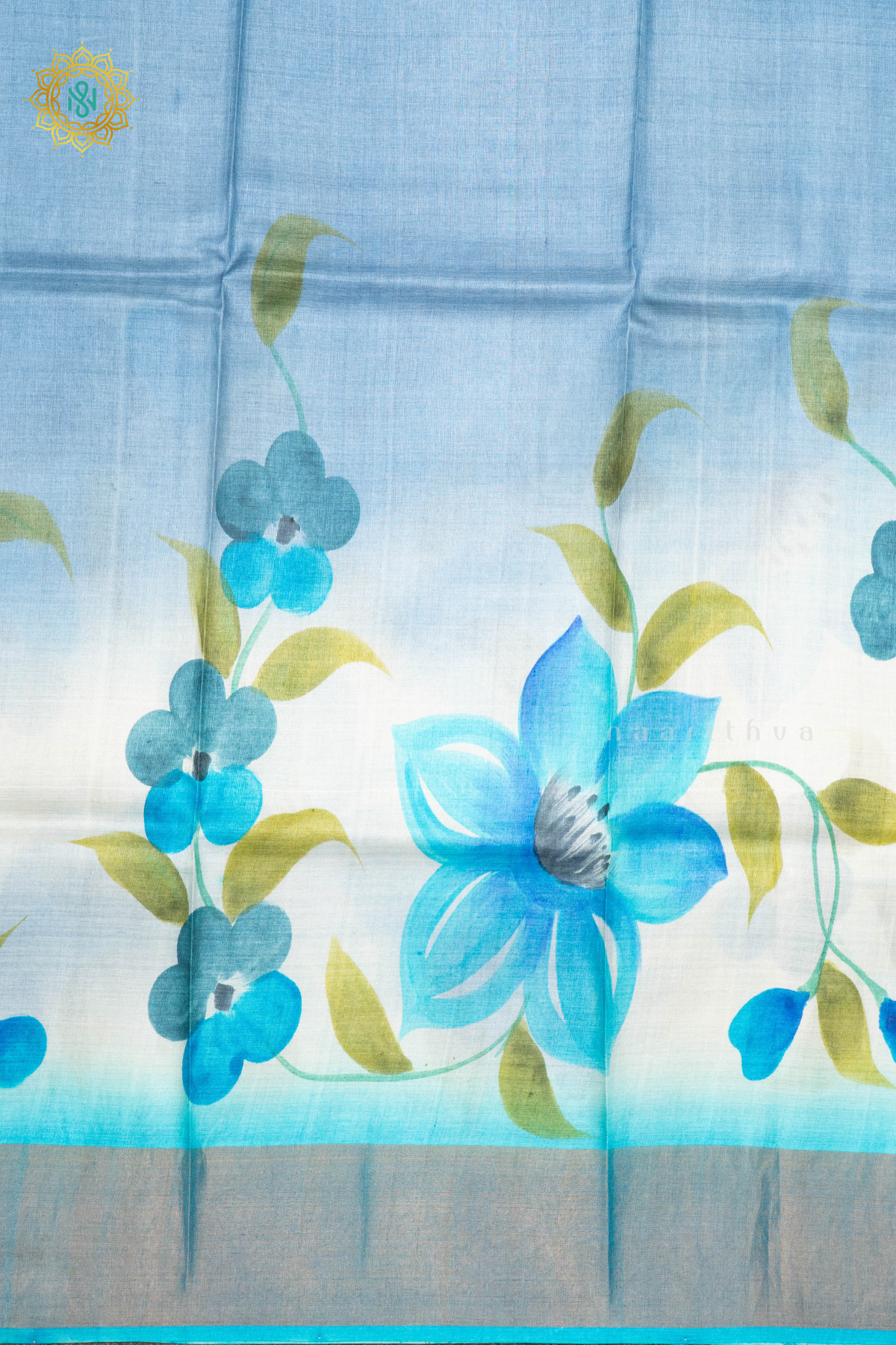 AQUA BLUE WITH SKY BLUE - PURE TUSSAR SILK WITH HAND PAINTED